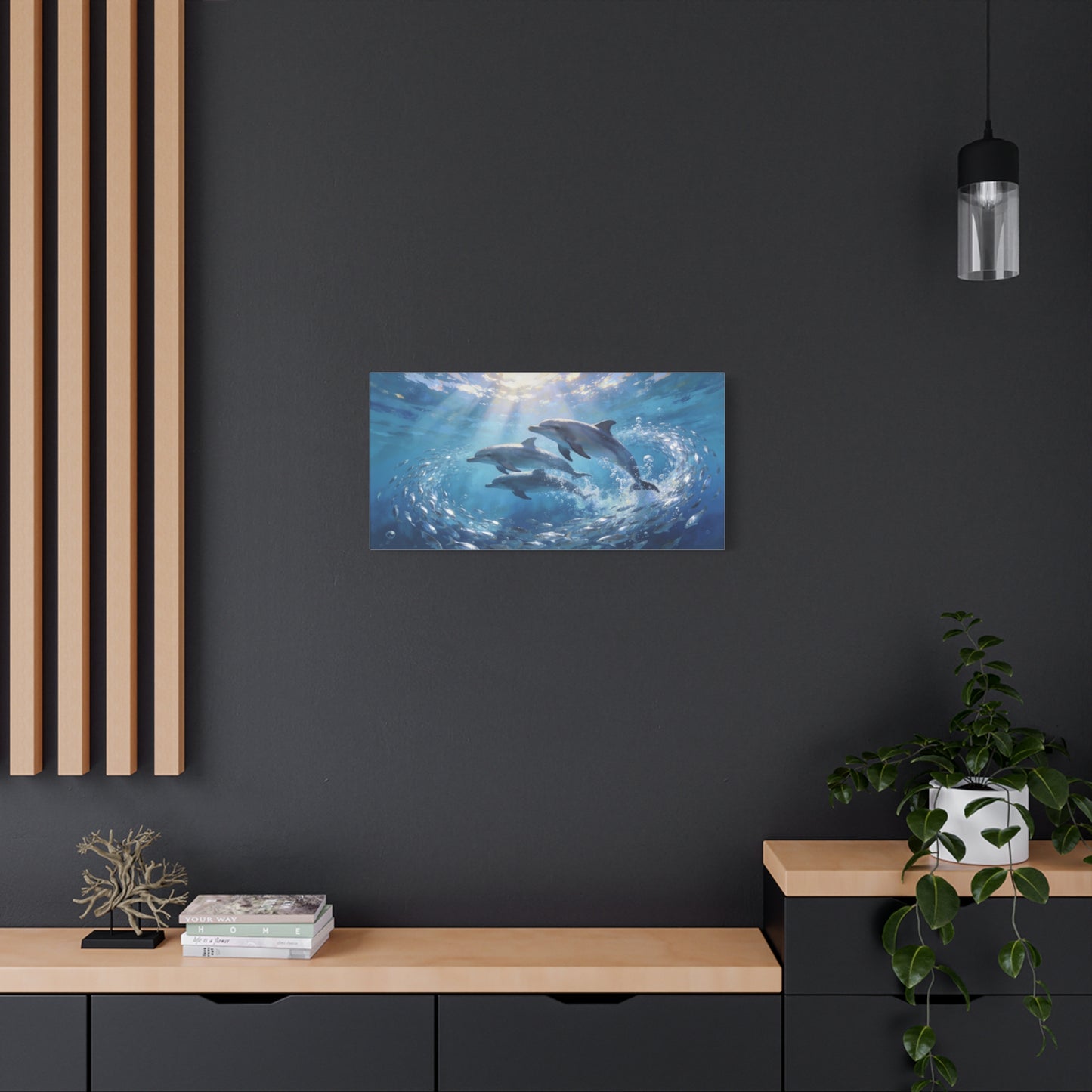 Dolphin Ocean Canvas Wall Art - Blue Underwater Marine Life Scene, Sunbeam Seascape Print - Coastal Style, Serene Living Room Wall Decor, Bedroom Home Decoration Accent - Bedroom Home Decoration