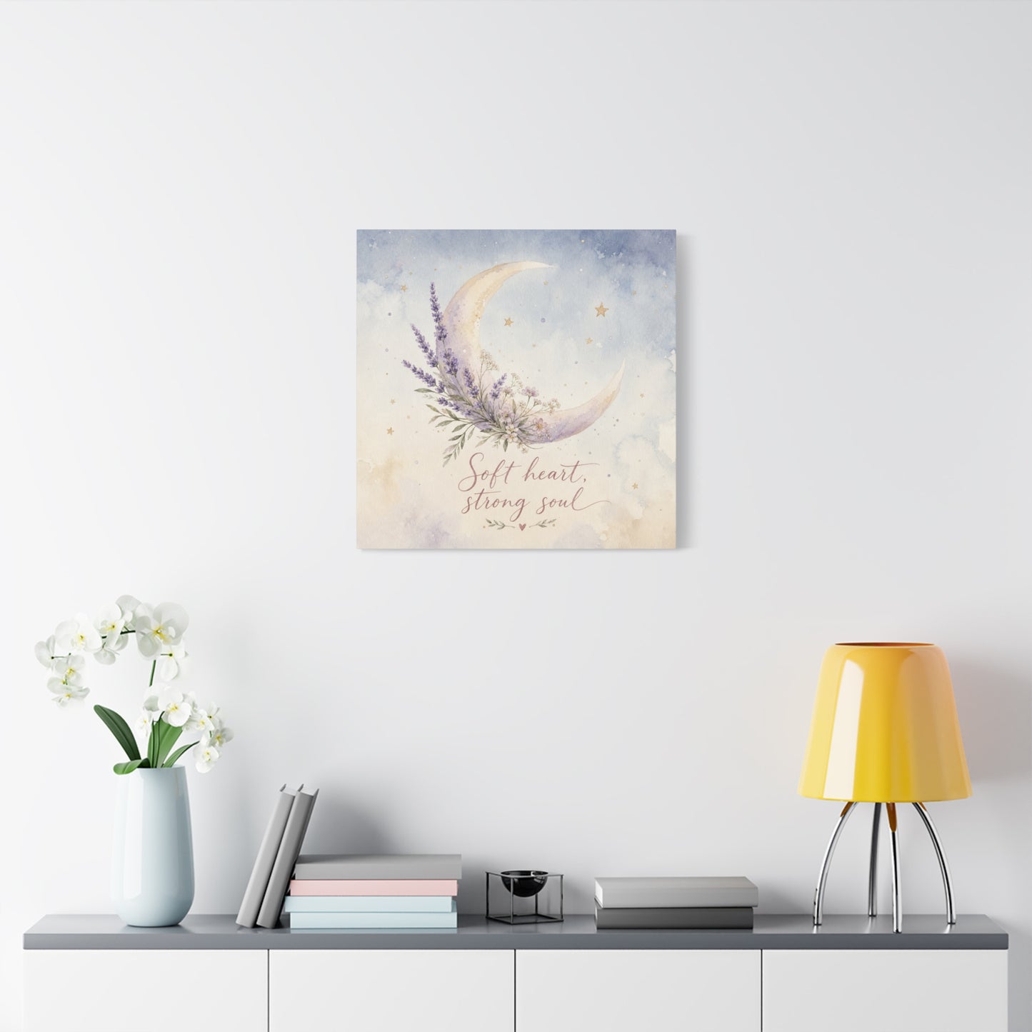 "Soft Heart, Strong Soul" Moon Canvas Wall Art - Lavender Floral Celestial Quote Print - Watercolor Nursery Bedroom Decor - Bohemian Home Decoration - Office Wall Art - Bedroom Home Decoration