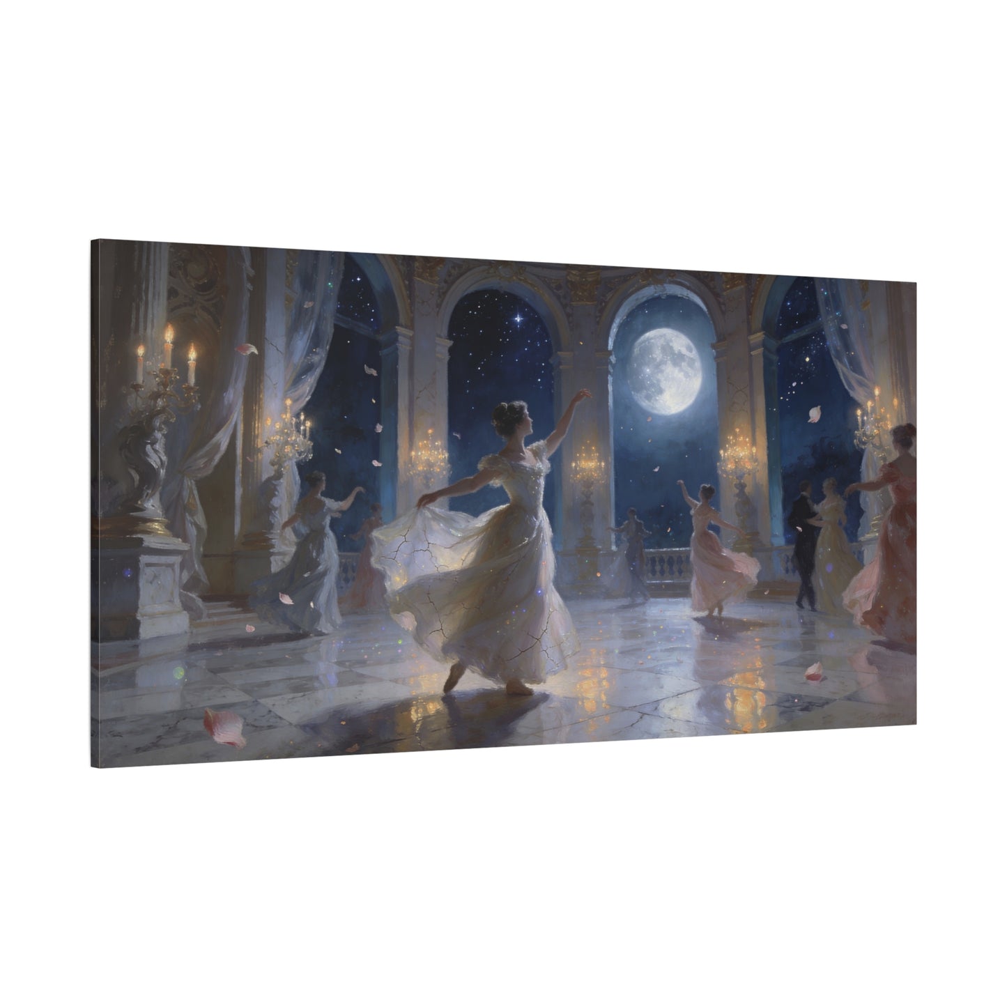 Moonlit Ballroom Dance Canvas Wall Art - Romantic Palace Night Scene, Elegant Dancers, Full Moon Arches - Dreamy Matte Canvas Print - Bedroom Wall Decor, Living Room Accent - Bedroom Home Decoration
