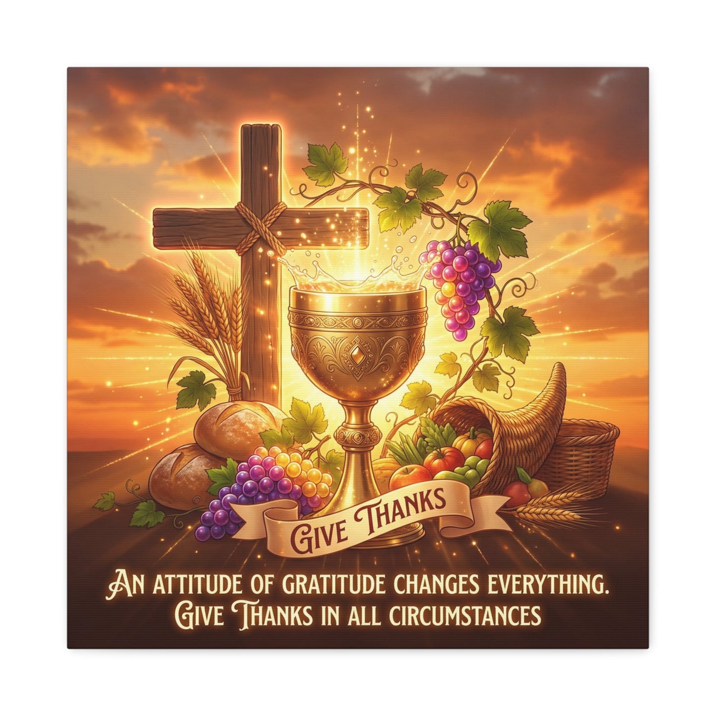 "Give Thanks" Christian Canvas Wall Art - Cross, Communion Chalice, Grapes, Bread - Gratitude Scripture Decor, Matte Cotton Print - Ready to Hang