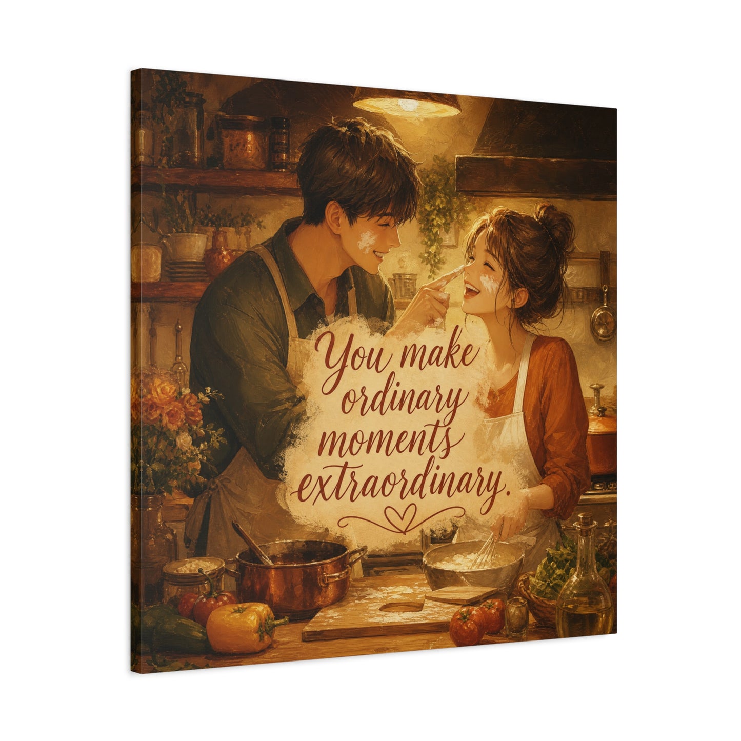 "You Make Ordinary Moments Extraordinary" Couple Canvas Wall Art - Romantic Kitchen Scene, Warm Vintage Illustration Print - Cozy Living Room Decor, Farmhouse Home Accent - Living Room Wall Decor