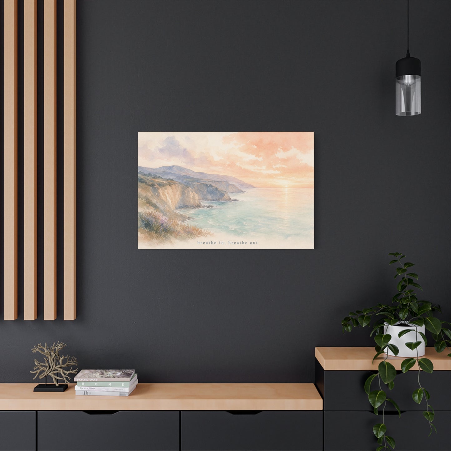 "Breathe In, Breathe Out" Coastal Sunset Canvas Wall Art - Watercolor Cliff Seascape, Jellyfish Room Decor, Serene Beach Landscape Print - Bedroom Home Decoration, Meditation Space - Office Wall Art
