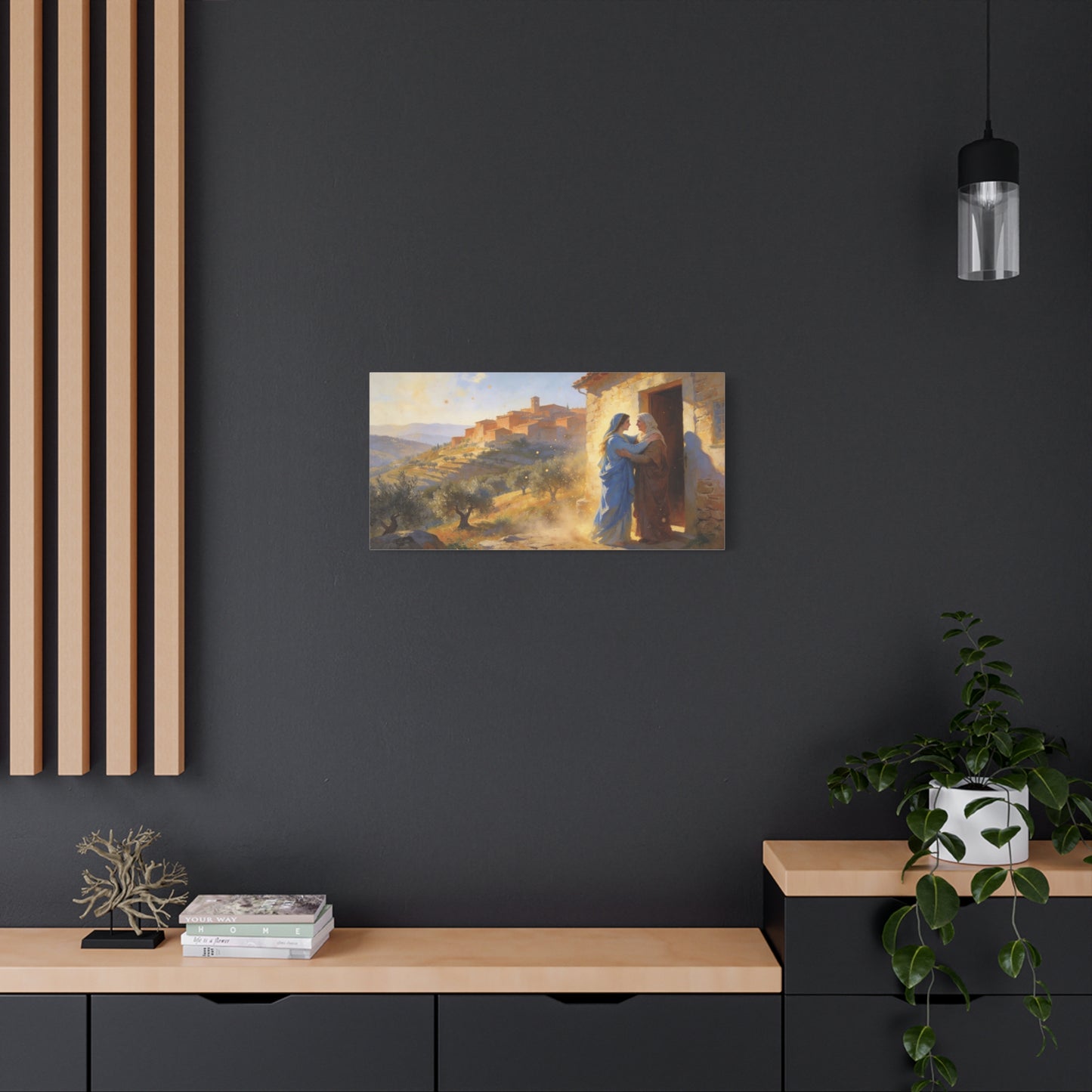 Virgin Mary Visitation Canvas Wall Art - Religious Biblical Village Scene, Golden Light Painting - Christian Home Decor, Traditional Style - Living Room Wall Decor Bedroom Decoration - Ready to Hang