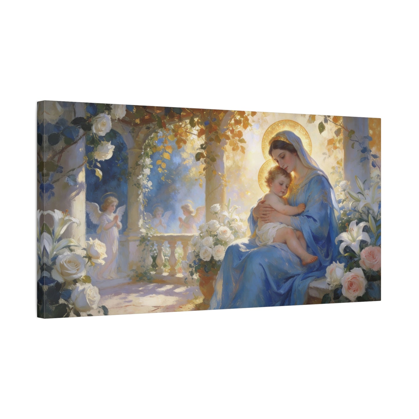 Virgin Mary And Baby Jesus Canvas Wall Art - Religious Madonna Lily Rose Painting - Traditional Blue Gold Sacred Nursery Style - Bedroom Wall Decor, Christian Home Accent - Bedroom Home Decoration