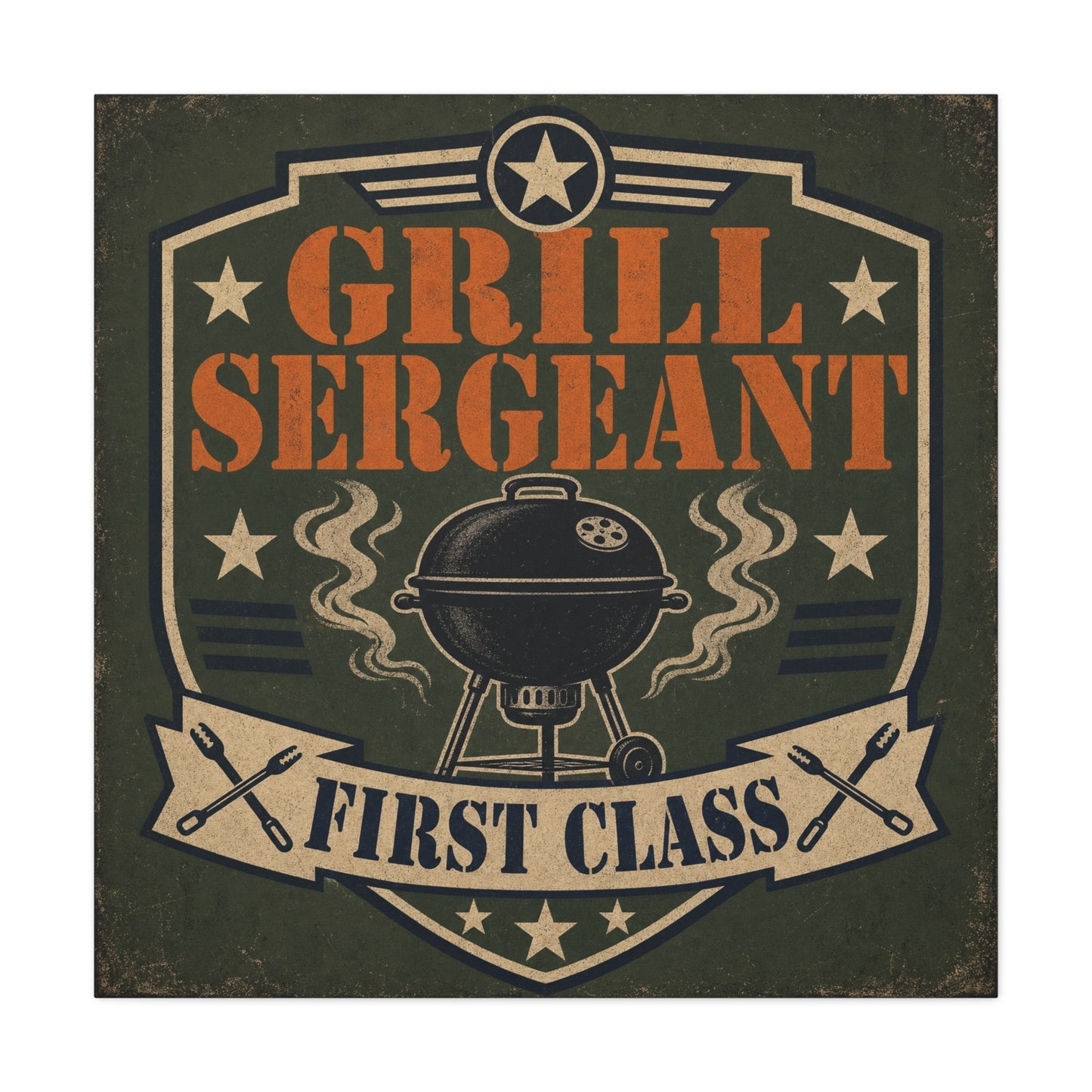"Grill Sergeant First Class" BBQ Canvas Wall Art - Vintage Grill Badge Sign, Rustic Patriotic Kitchen Decor, Retro Barbecue Poster Style, Man Cave Wall Decor - Ready to Hang - Bedroom Home Decoration
