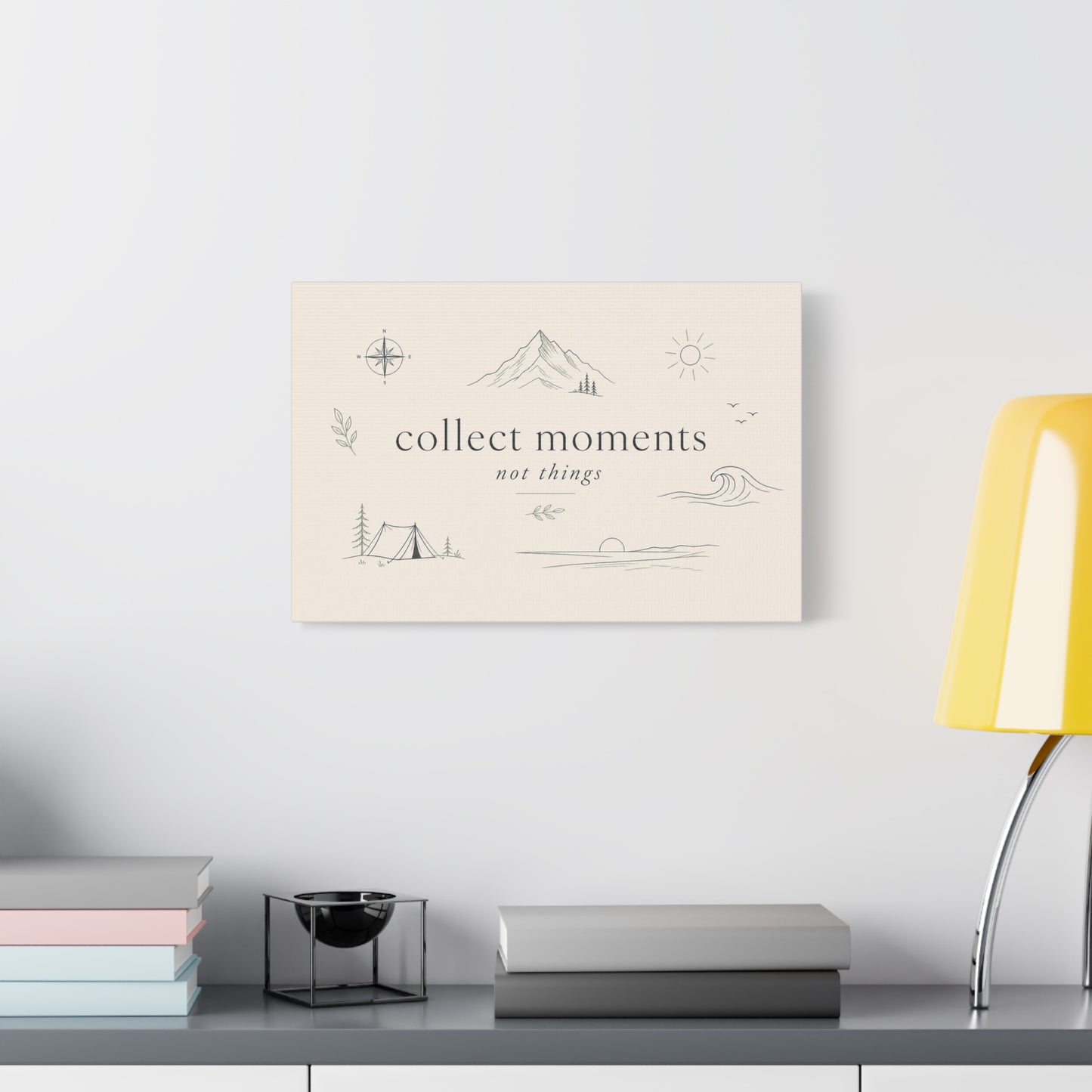 "Collect Moments Not Things" Minimalist Canvas Wall Art - Mountain, Compass, Wave Line Drawing - Neutral Typography Print - Boho Modern Wall Decor For Living Room, Bedroom, Office Accent