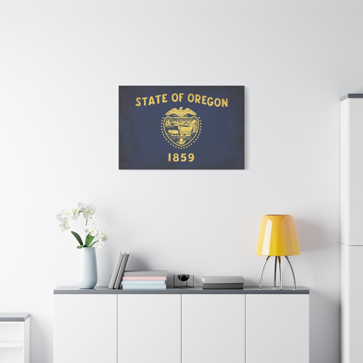 "State Of Oregon 1859" Flag Canvas Wall Art - Vintage State Seal Navy Gold Print - Typography Patriotic Decor - Living Room Wall Decor, Office Art - Bedroom Home Decoration - Bedroom Home Decoration