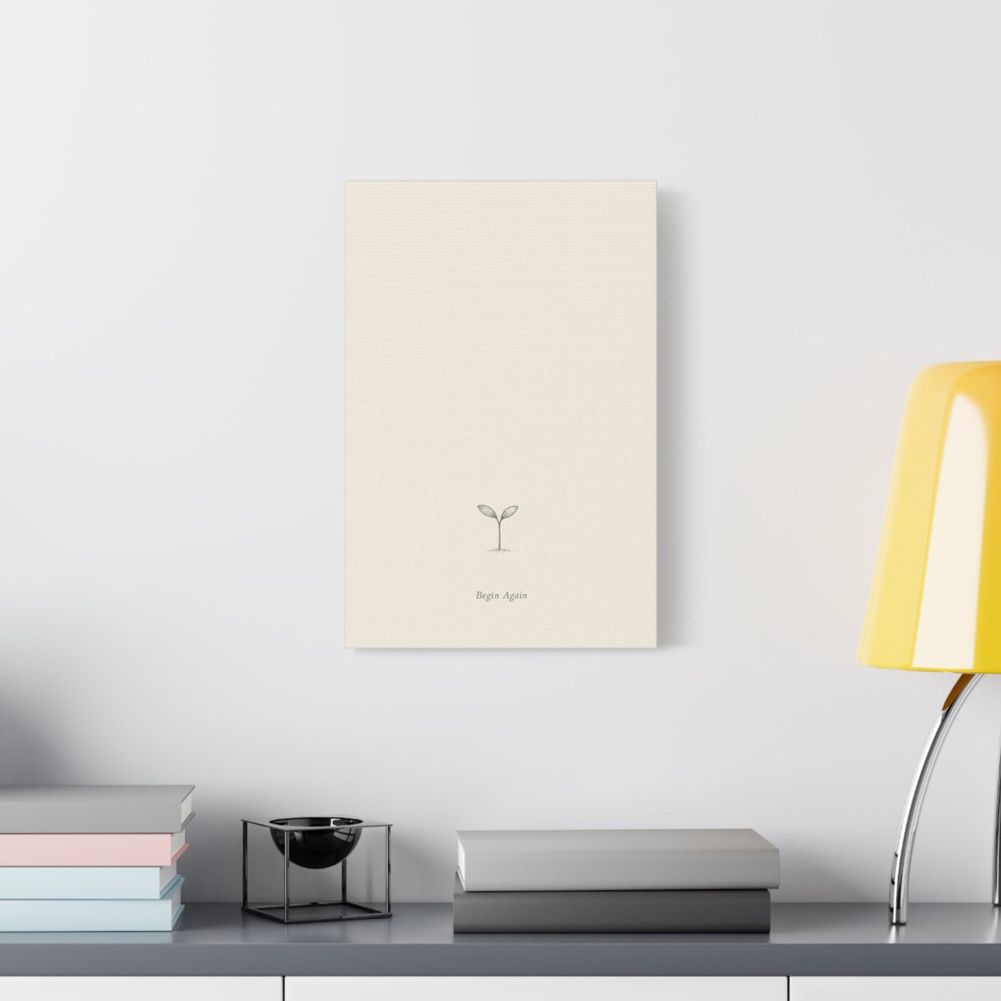 "Begin Again" Minimalist Sprout Canvas Wall Art - Botanical Quote Print, Neutral Beige Cotton Canvas, Modern Calm Bedroom Decor, Living Room Home Decoration, Office Wall Accent - Ready to Hang
