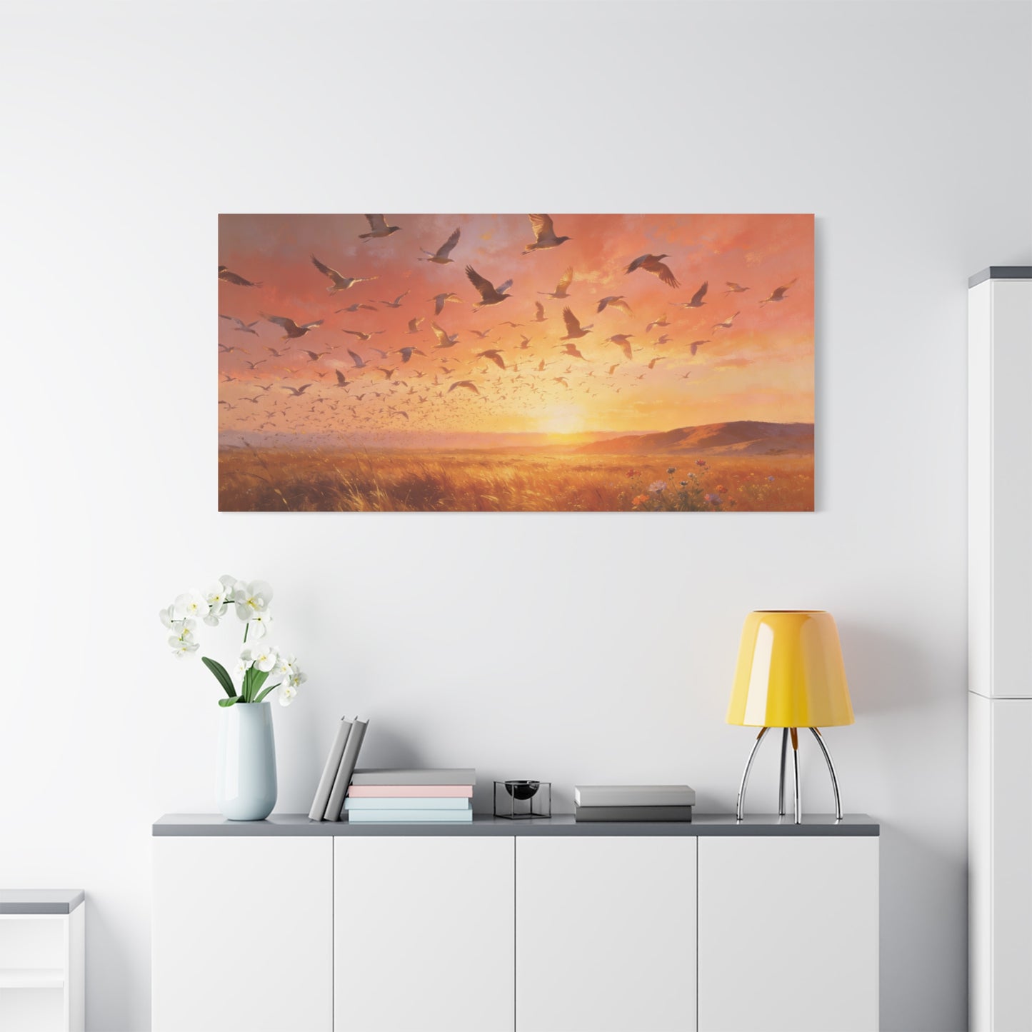 Flock Of Seabirds Canvas Wall Art - Sunset Meadow Landscape Print, Warm Golden Sky, Painterly Nature Scene - Contemporary Style - Living Room Wall Decor Bedroom Decoration - Bedroom Home Decoration