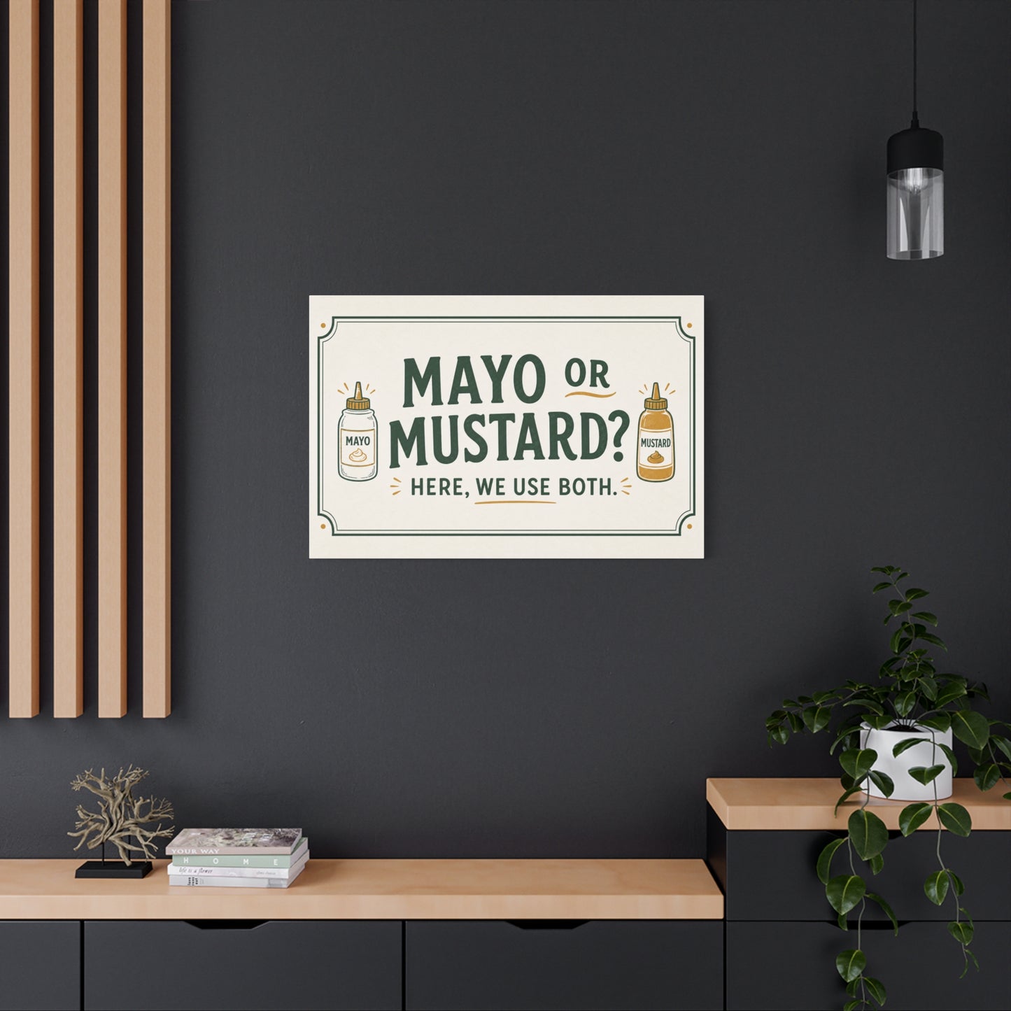 "Mayo Or Mustard Here, We Use Both." Funny Kitchen Canvas Wall Art - Condiment Quote Print, Retro Typography Food Decor, Farmhouse Dining Room Decoration - Living Room Wall Decor - Ready to Hang