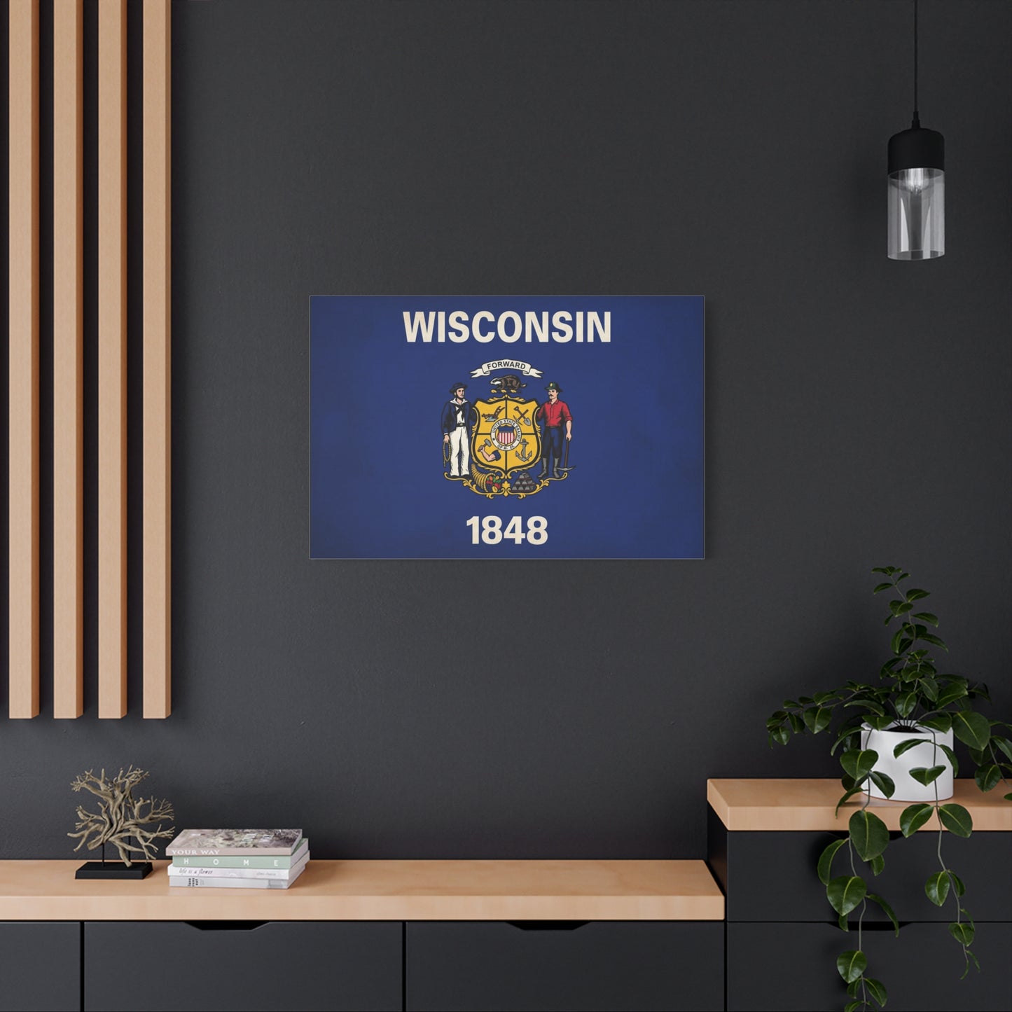 "Wisconsin" 1848 State Flag Canvas Wall Art - Wisconsin Pride Decor, Vintage Typography Banner Print - Patriotic Blue Wall Decor - Living Room Home Decoration - Ready to Hang - Bedroom Home Decoration