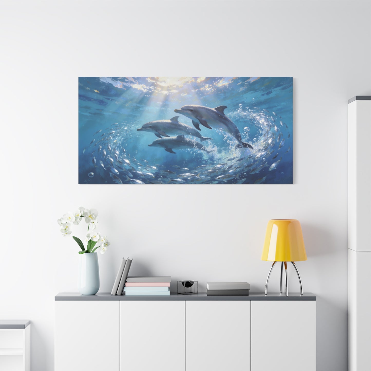 Dolphin Ocean Canvas Wall Art - Blue Underwater Marine Life Scene, Sunbeam Seascape Print - Coastal Style, Serene Living Room Wall Decor, Bedroom Home Decoration Accent - Bedroom Home Decoration