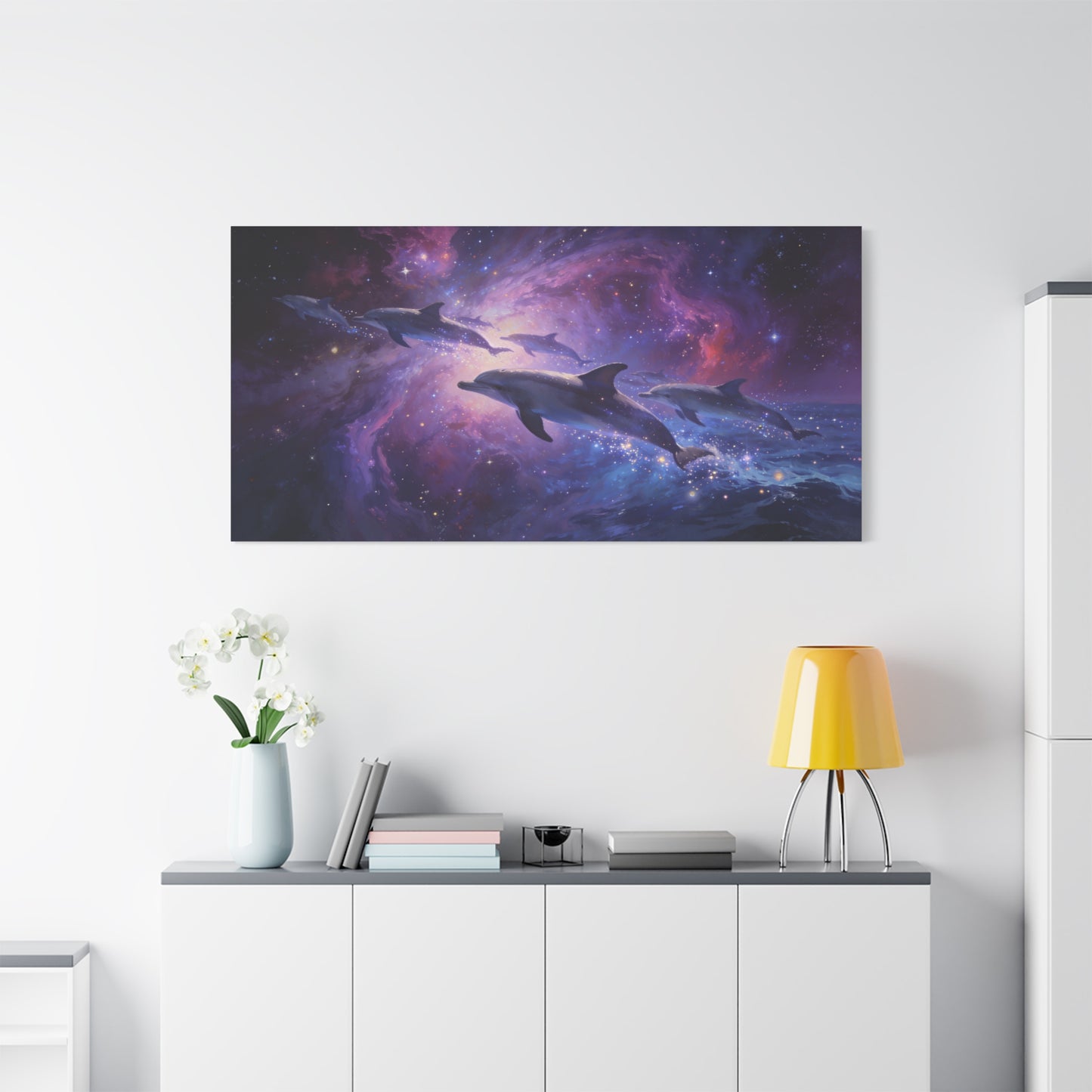 Cosmic Dolphin Canvas Wall Art - Celestial Ocean Galaxy Painting, Zebra Print Wallpaper Inspired Purple Blue Space Scene - Matte Canvas Print - Bedroom Living Room Decor - Living Room Wall Decor
