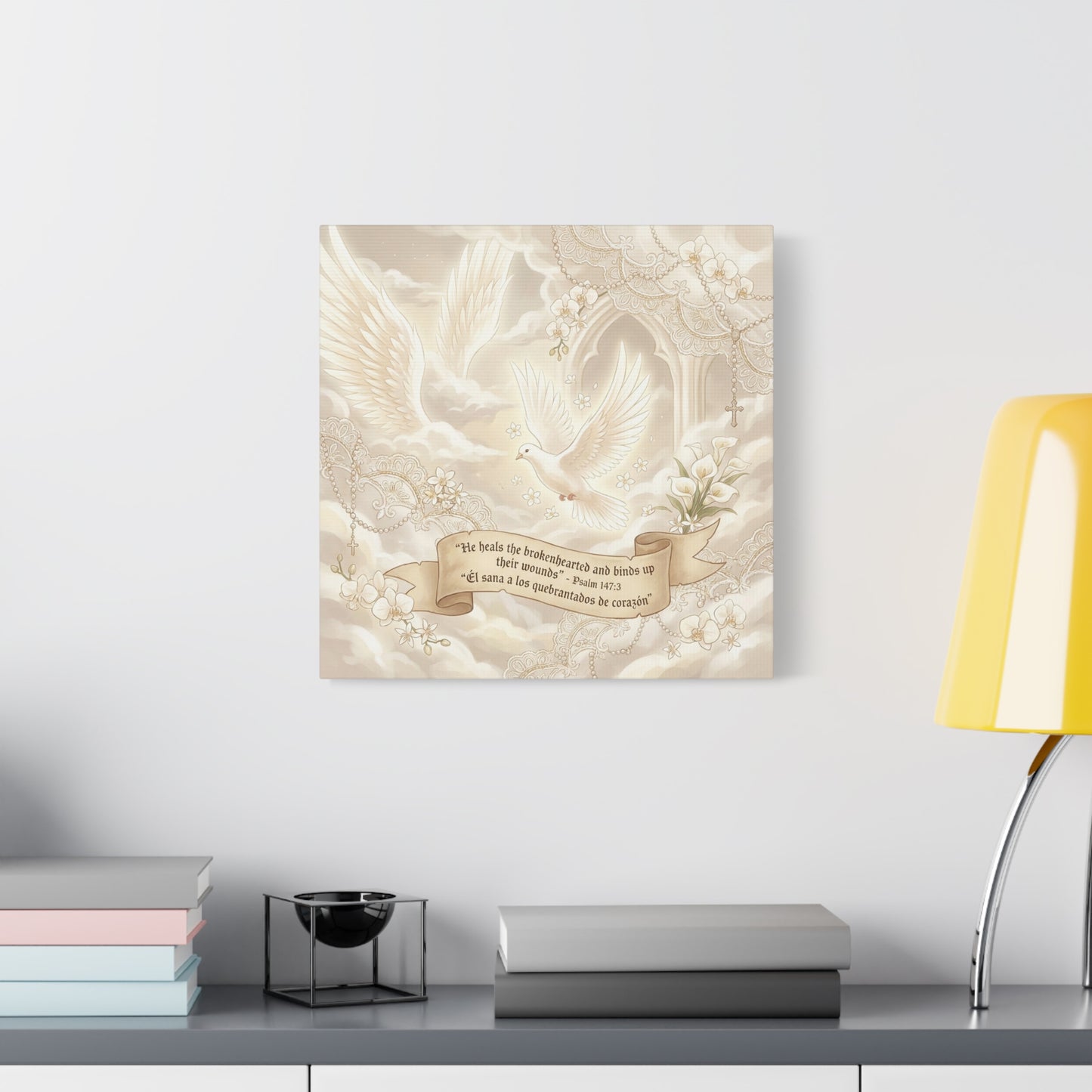 "He Heals The Brokenhearted And Binds Up Their Wounds" Canvas Wall Art - Dove, Cross, Psalm 147:3 Scripture Print - Beige Floral Christian Decor - Bedroom Living Room Home Decoration - Office Wall Art