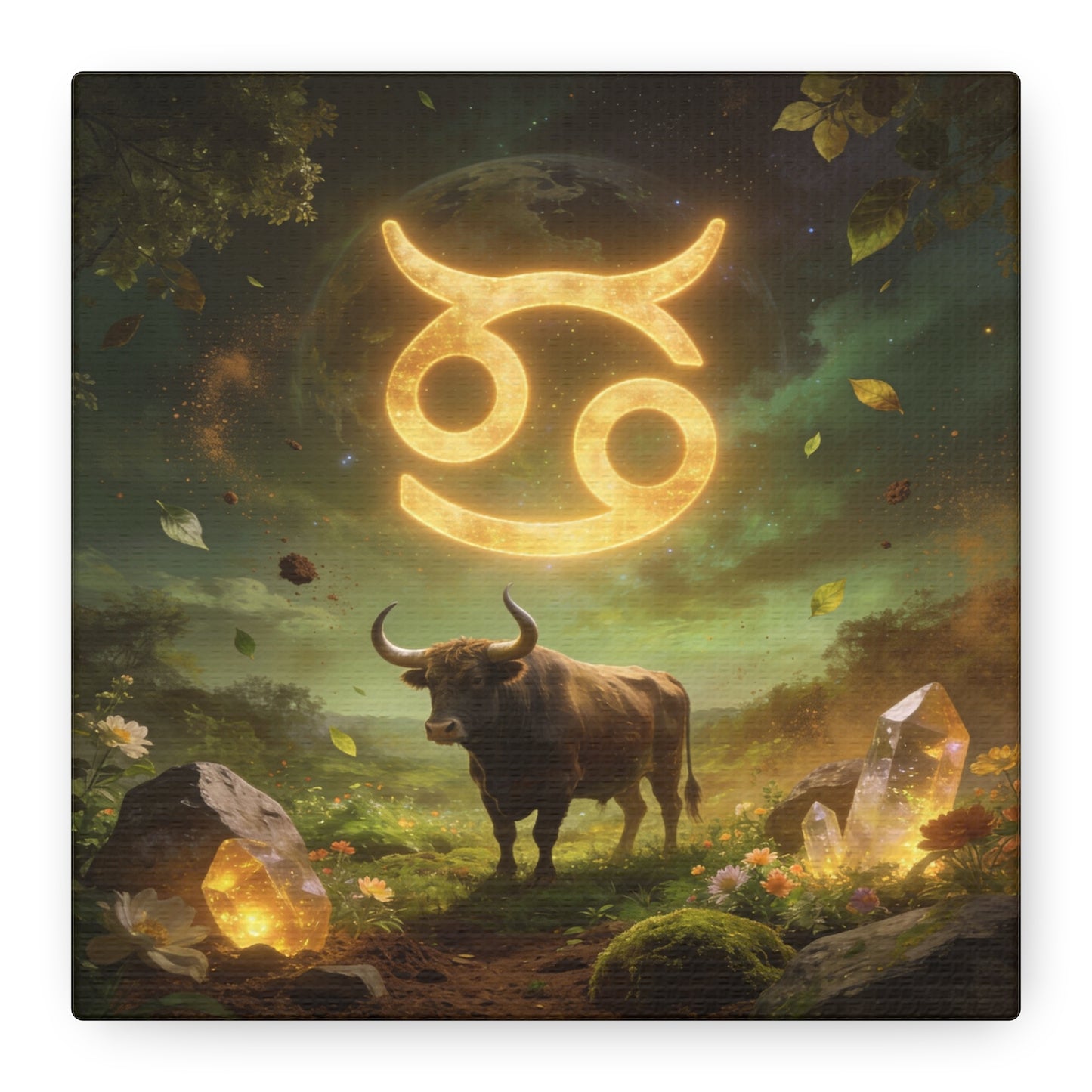 Cancer Zodiac Canvas Wall Art - Glowing Astrology Symbol, Bull And Crystal Fantasy Scene - Celestial Green Gold Illustration - Bedroom Home Decoration, Meditation Space Accent - Living Room Wall Decor