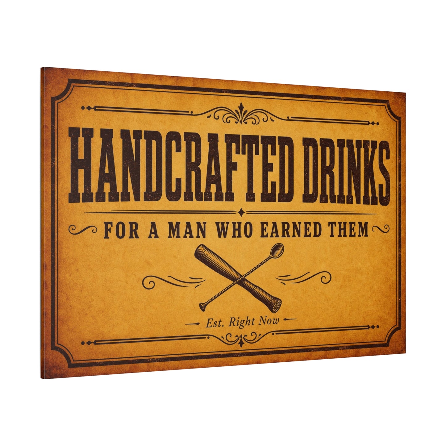 "Handcrafted Drinks For A Man Who Earned Them" Canvas Wall Art - Vintage Bar Sign, Rustic Typography Decor, Whiskey Lounge Wall Hanging - Ready to Hang - Ready to Hang - Cocktail Lounge Decor