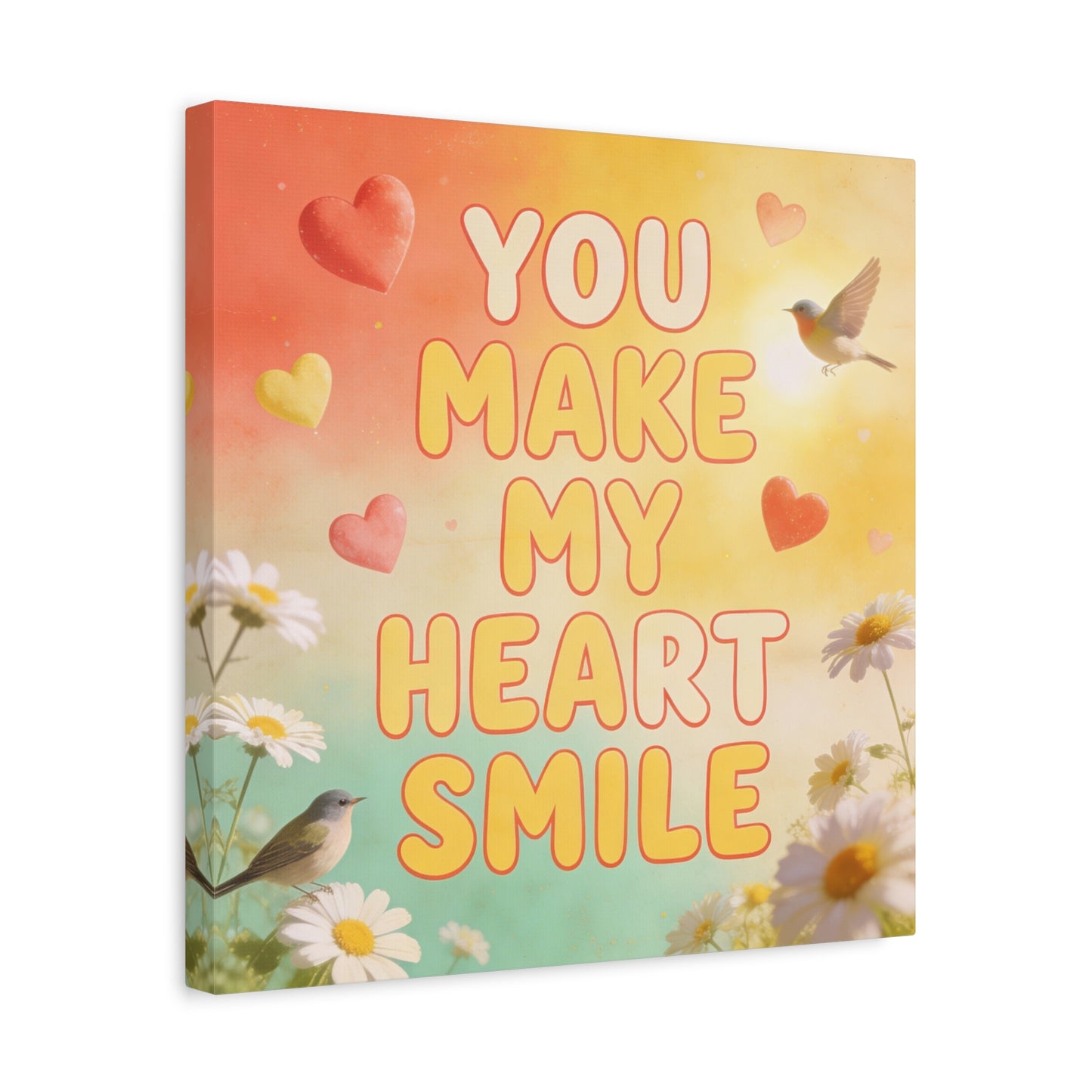 "You Make My Heart Smile" Inspirational Canvas Wall Art - Daisy And Songbird Quote Print, Pastel Typography Decor, Cheerful Bedroom Wall Hanging, Nursery Home Accent - Bedroom Home Decoration