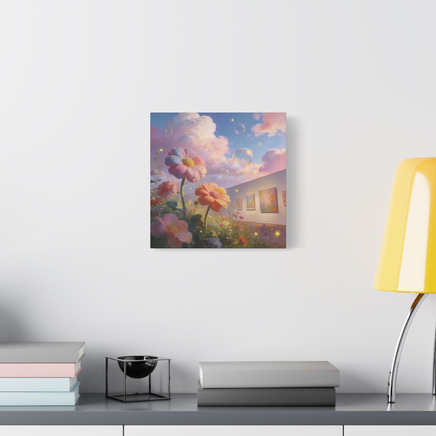 Dreamy Floral Canvas Wall Art - Pastel Wildflower Sky With Iridescent Bubbles, Firefly Glow - Whimsical Matte Canvas Print - Contemporary Bedroom Wall Decor, Living Room Accent - Cozy Reading Nook Art