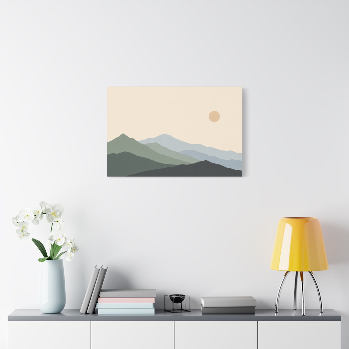 Minimalist Mountain Landscape Canvas Wall Art - Layered Blue Green Hills, Soft Sun - Contemporary Nature Print, Living Room Wall Decor, Bedroom Home Decoration, Office Art - Bedroom Home Decoration