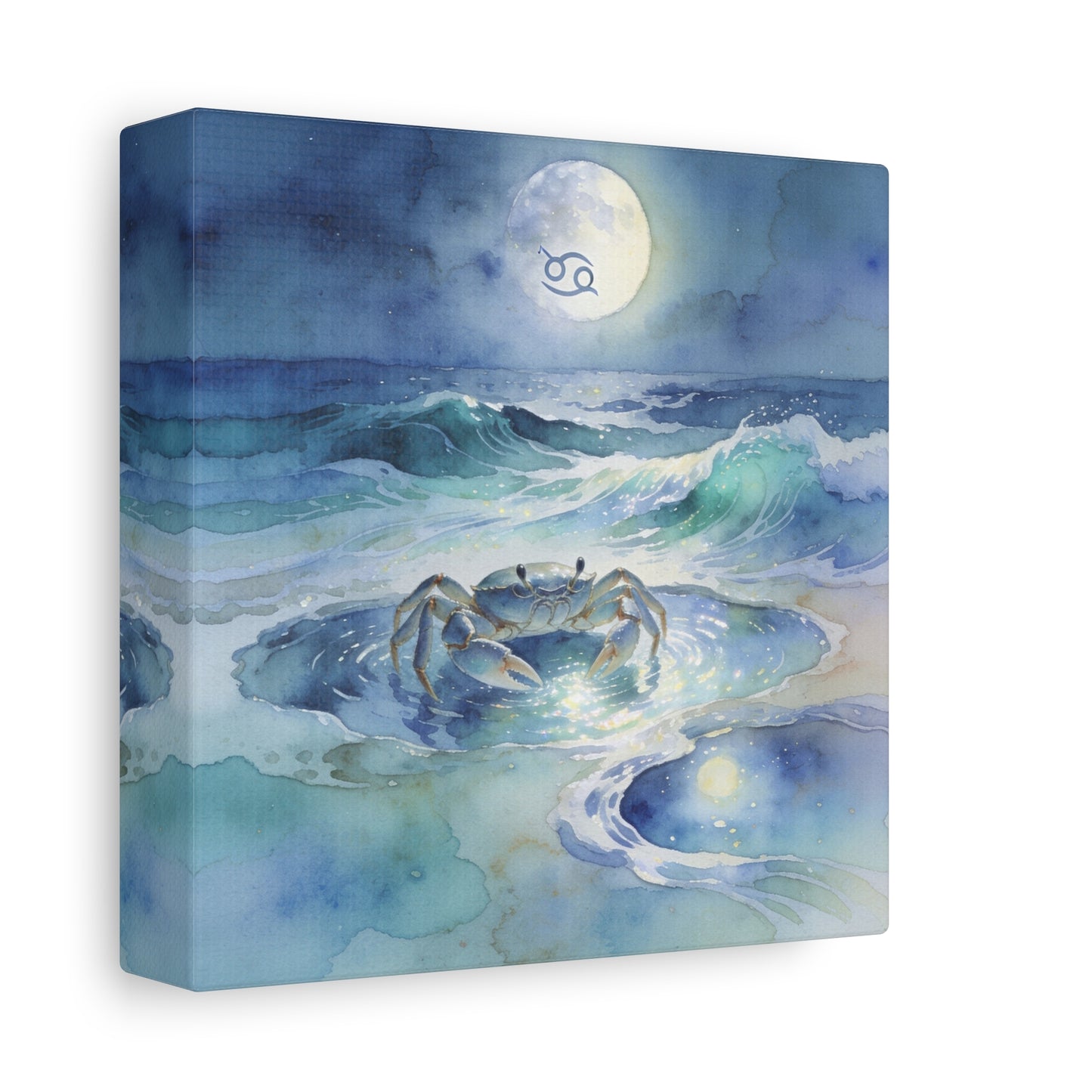 Cancer Zodiac Canvas Wall Art - Moonlit Ocean Crab Watercolor Print, Coastal Astrology Decor - Serene Blue Seascape - Bedroom Wall Decor, Meditation Space Accent, Bohemian Style - Ready to Hang