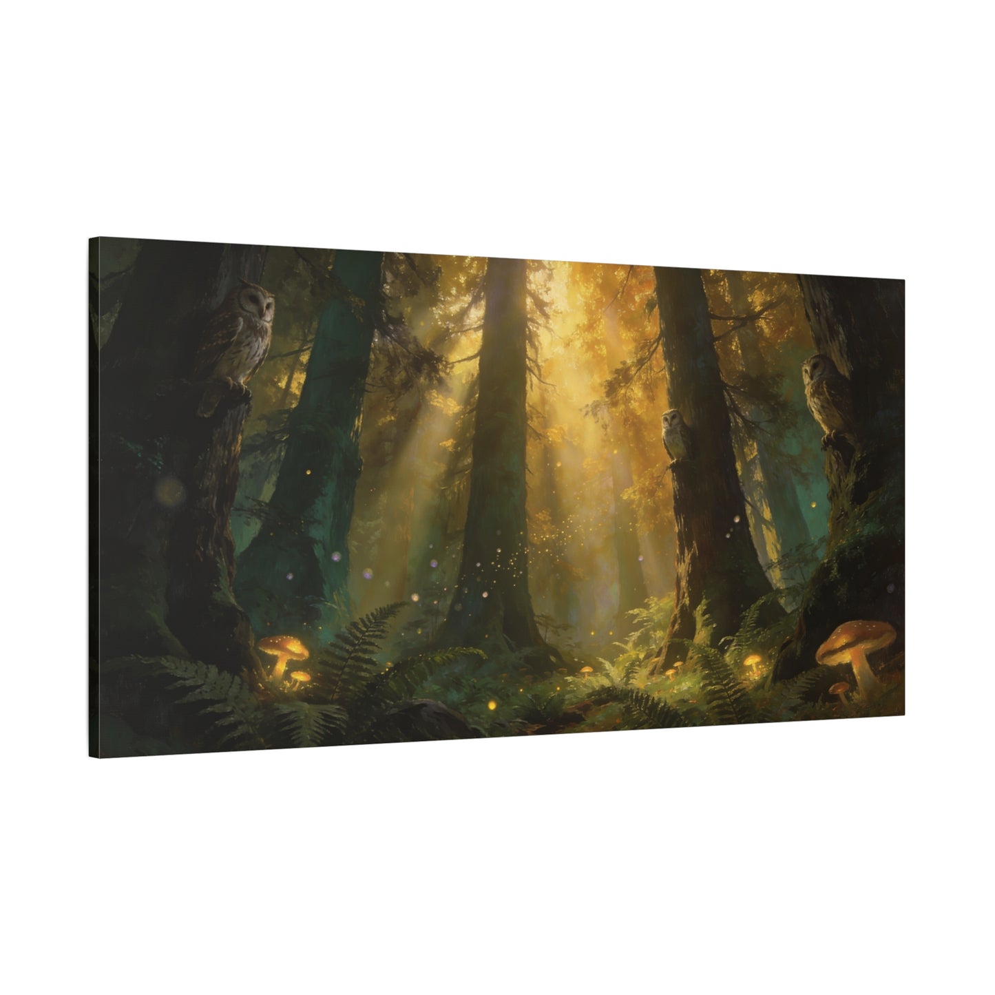 Owl Forest Canvas Wall Art - Sunbeams, Mushrooms, Fern Woodland Scene - Matte Cotton Print - Mystical Nature Style - Living Room Wall Decor, Bedroom Home Decoration - Bedroom Home Decoration