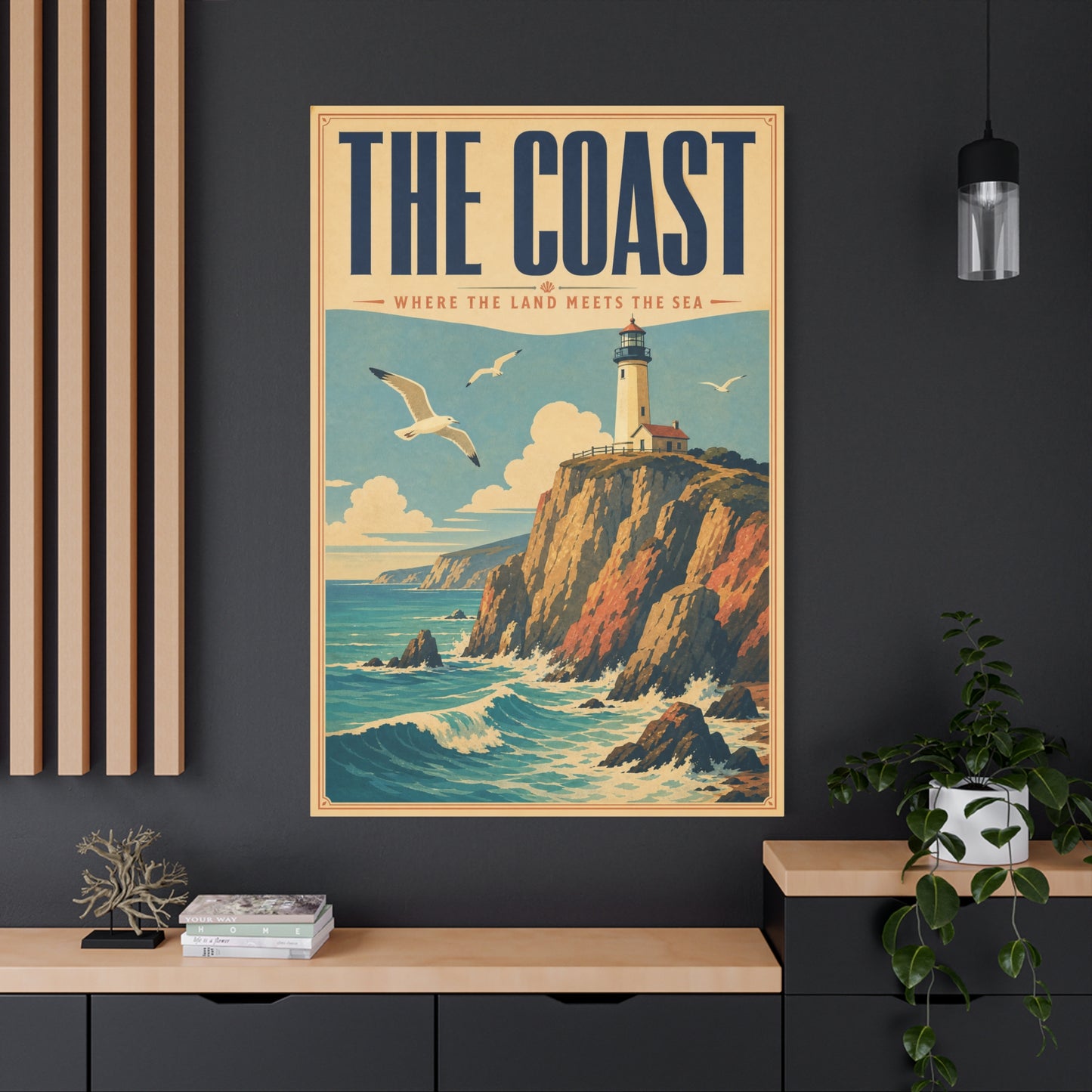 "The Coast Where The Land Meets The Sea" Canvas Wall Art - Vintage Lighthouse Seascape, Coastal Cliff Poster Style Print - Nautical Wall Decor, Beach House Living Room Decoration - Ready to Hang
