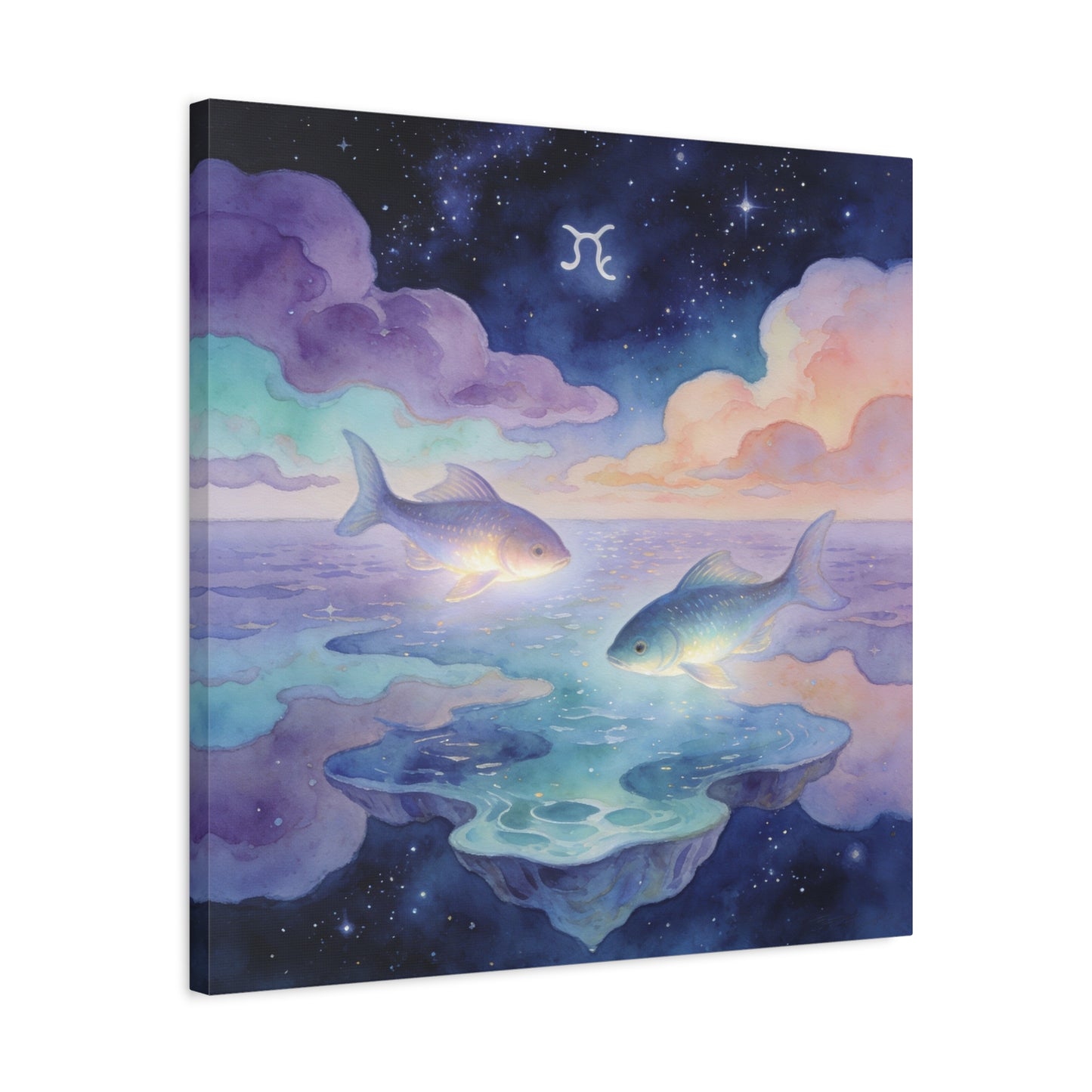 Pisces Zodiac Canvas Wall Art - Celestial Fish Over Dreamlike Sea, Watercolor Illustration - Mystical Night Sky, Matte Canvas Print - Bedroom Wall Decor, Meditation Space Accent - Ready to Hang