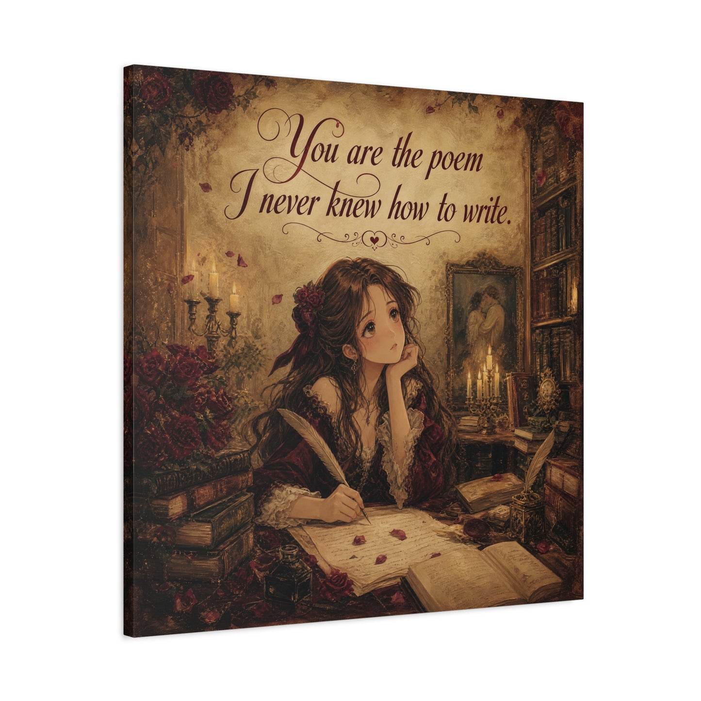 "You Are The Poem I Never Knew How To Write" Quote Canvas Wall Art - Romantic Gothic Library Girl Illustration - Vintage Brown Decor - Bedroom Wall Hanging, Teenager Room Decor - Ready to Hang