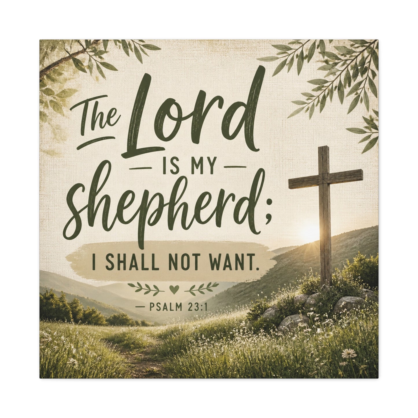 "The Lord Is My Shepherd, I Shall Not Want. - Psalm 23:1" Christian Canvas Wall Art - Rustic Cross Meadow Landscape, Farmhouse Scripture Decor, Bedroom Living Room Wall Hanging - Ready to Hang