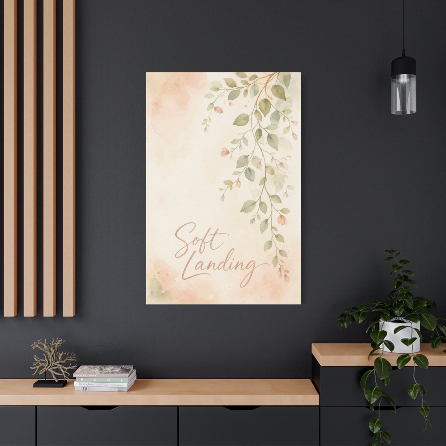 "Soft Landing" Botanical Canvas Wall Art - Watercolor Leaf Branch Quote Print - Blush Sage Floral Typography Decor - Bedroom Wall Hanging - Bedroom Home Decoration - Modern Farmhouse Style