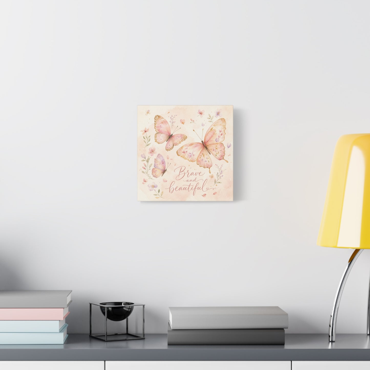 "Brave And Beautiful" Butterfly Canvas Wall Art - Pink Floral Watercolor Quote Print - Inspirational Girls Bedroom Decor - Nursery Wall Hanging - Bedroom Home Decoration - Modern Farmhouse Style