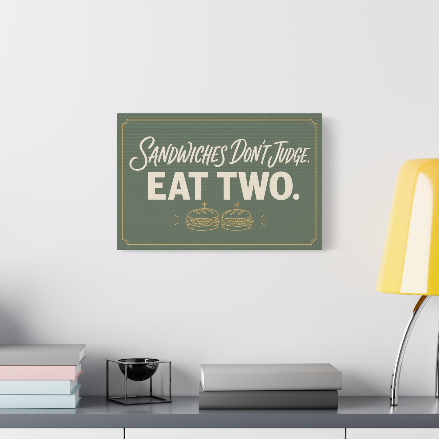 "Sandwiches Don't Judge. Eat Two." Funny Canvas Wall Art - Retro Typography Food Quote Print, Sage Green - Modern Farmhouse Style - Deli Wall Decor - Sandwich Shop Sign - Diner Decor - Ready to Hang