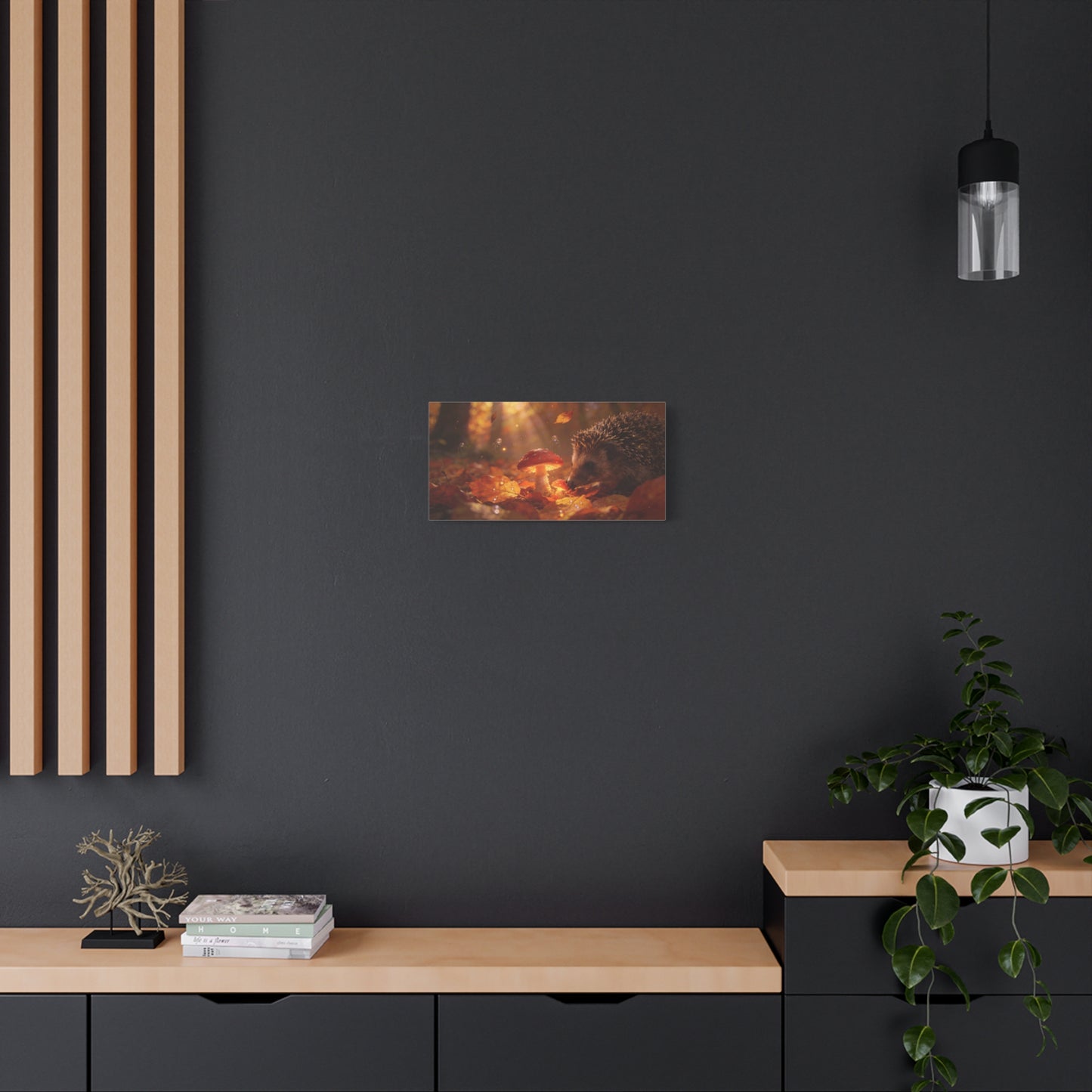 Hedgehog Mushroom Canvas Wall Art - Autumn Forest Wildlife Canvas Print, Glowing Red Toadstool, Warm Golden Light, Whimsical Nature Decor, Living Room Wall Decor, Bedroom Accent - Ready to Hang