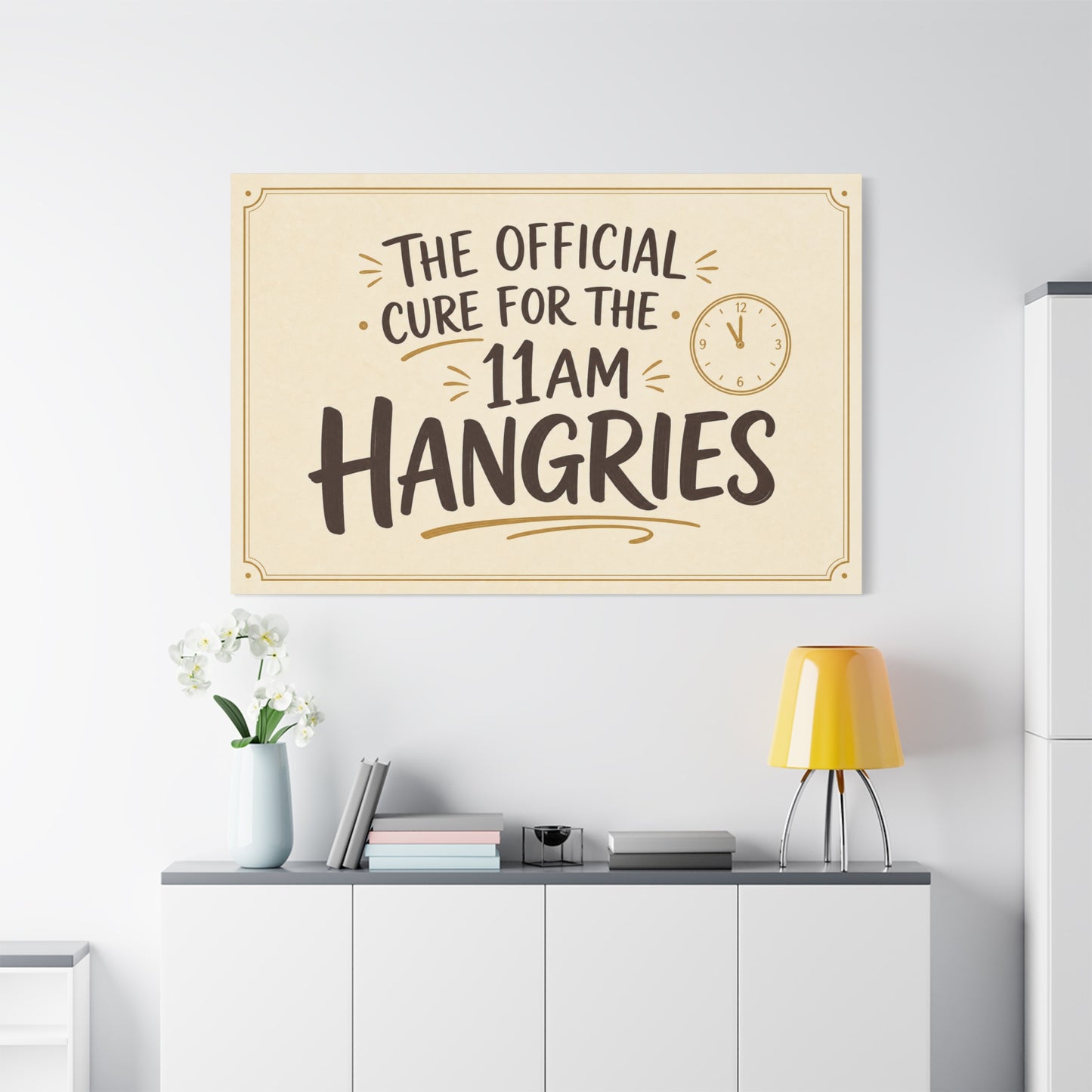 "The Official Cure For The 11 Am Hangries" Funny Typography Canvas Wall Art - Beige Black Quote Print, Modern Office Decor, Kitchen Wall Hanging - Bedroom Home Decoration - Bedroom Home Decoration