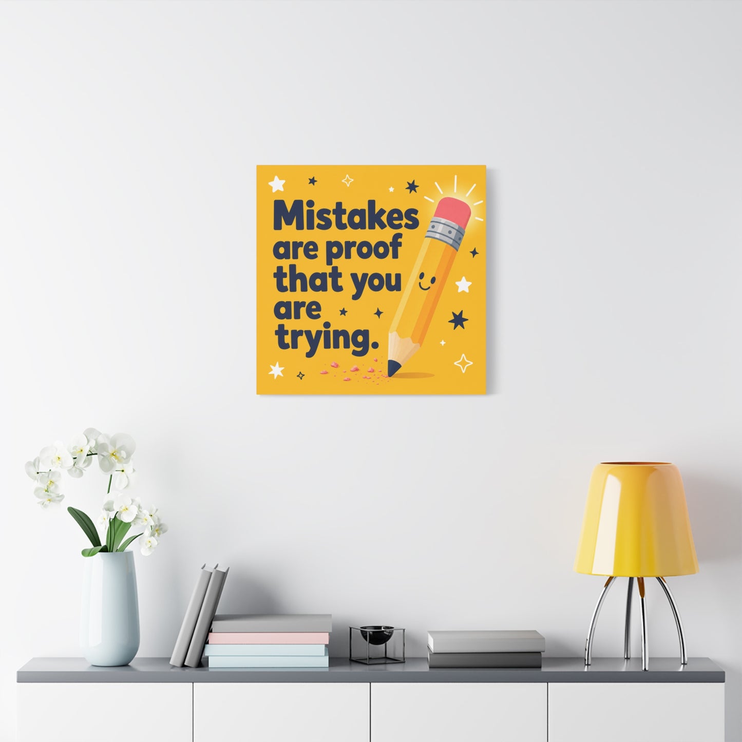 "Mistakes Are Proof That You Are Trying." Inspirational Canvas Wall Art - Yellow Pencil Quote Print, Classroom Decor, Teacher Office Motivation, Kids Study Room Decoration, Typography Poster