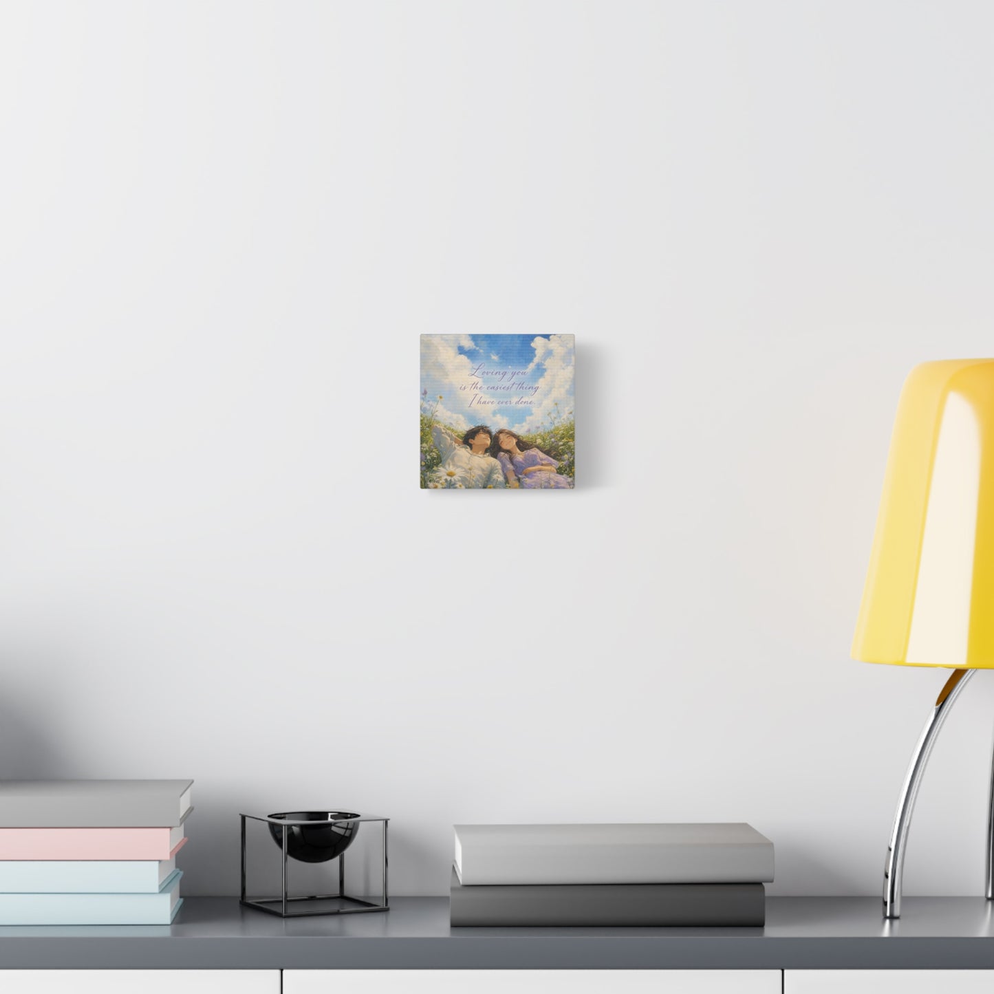 "Loving You Is The Easiest Thing I Have Ever Done." Canvas Wall Art - Romantic Couple In Wildflower Meadow Sky Quote Print - Dreamy Pastel Illustration - Ready to Hang - Living Room Wall Decor