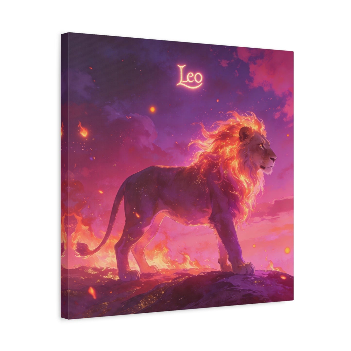 "Leo" Lion Canvas Wall Art - Fiery Zodiac Illustration, Purple Pink Sky, Matte Finish Canvas Print - Modern Astrology Decor, Bedroom Home Decoration, Office Wall Art Accent - Bedroom Home Decoration