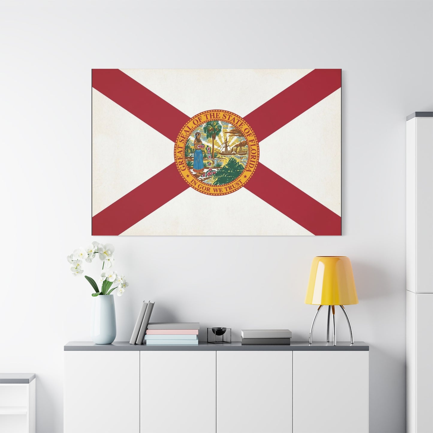 "Great Seal Of The State Of Florida In God We Trust" Florida Flag Canvas Wall Art - Vintage State Pride Decor, Red White Banner Print, Living Room Home Decoration - Office Wall Art - Ready to Hang