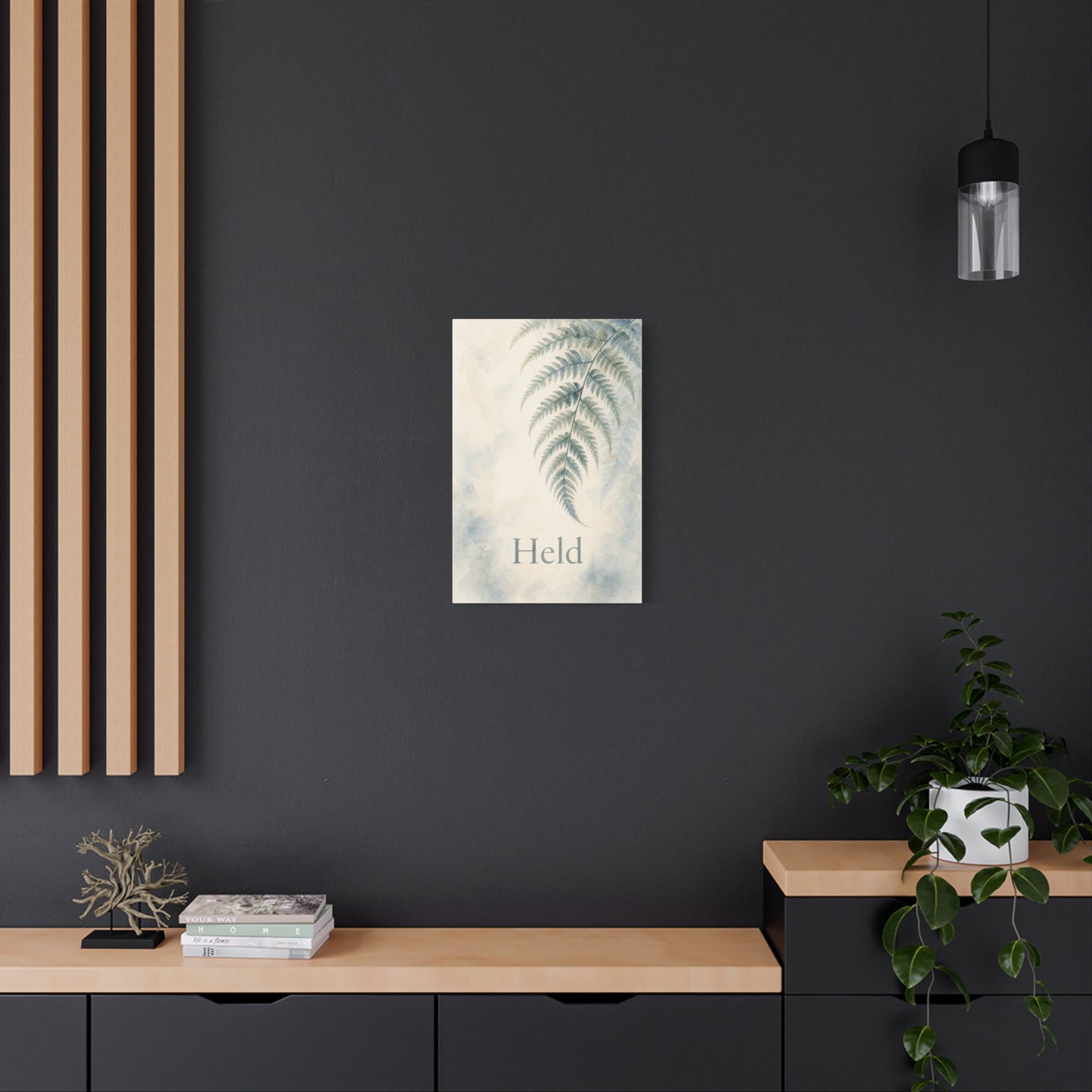 "Held" Fern Botanical Canvas Wall Art - Watercolor Leaf Print, Calming Bedroom Wall Decor, Minimalist Blue Green Nature Home Decoration, Meditation Space Accent - Ready to Hang - Cozy Reading Nook Art