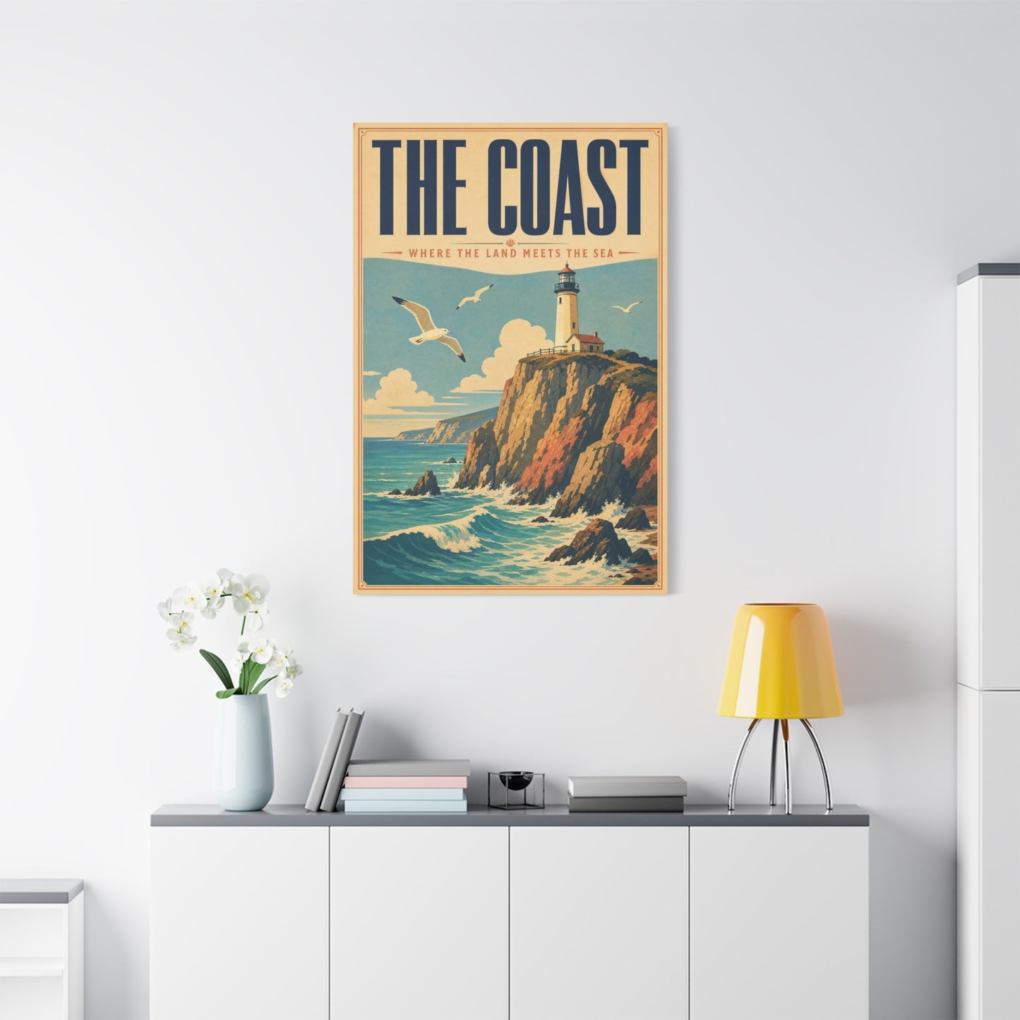 "The Coast Where The Land Meets The Sea" Canvas Wall Art - Vintage Lighthouse Seascape, Coastal Cliff Poster Style Print - Nautical Wall Decor, Beach House Living Room Decoration - Ready to Hang