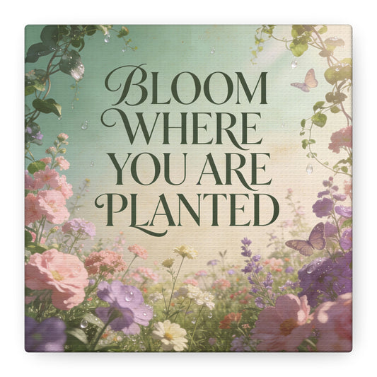 "Bloom Where You Are Planted" Inspirational Canvas Wall Art - Floral Butterfly Quote Print, Pastel Garden Typography Decor, Modern Farmhouse Style, Bedroom Home Decoration - Living Room Wall Decor
