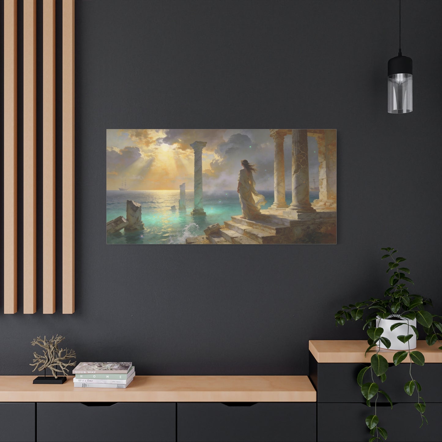 Seaside Ruins Canvas Wall Art - Woman In Flowing Gown, Sunbeams Over Ancient Columns - Luminous Coastal Painting - Living Room Wall Decor, Bedroom Home Decoration, Office Art - Bedroom Home Decoration