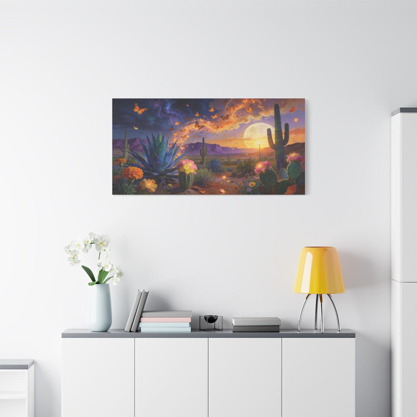 Desert Butterfly Canvas Wall Art - Moonlit Cactus Landscape, Agave And Wildflowers - Surreal Southwestern Style - Cotton Canvas Print - Living Room Wall Decor, Bedroom Accent - Bedroom Home Decoration