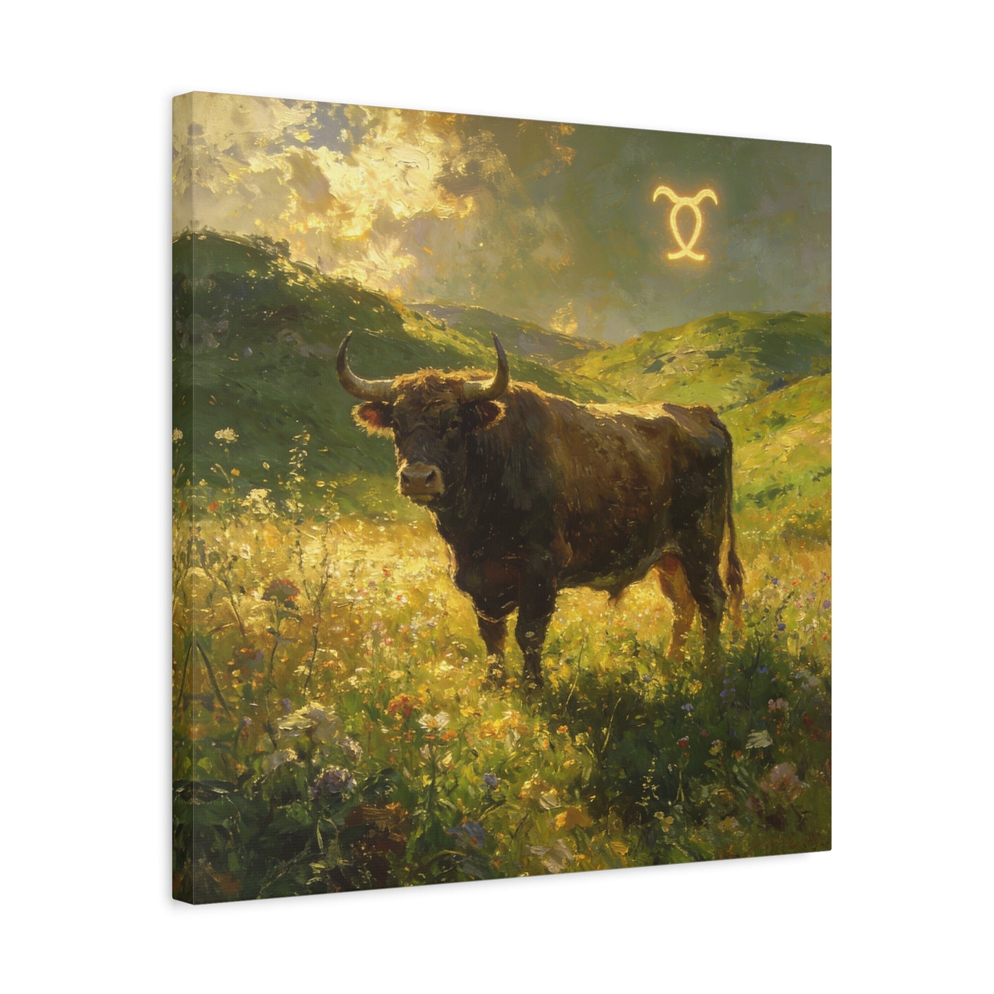 Taurus Bull Canvas Wall Art - Golden Meadow Landscape Painting, Zodiac Symbol, Rustic Contemporary Cotton Canvas Print, Living Room Wall Decor, Bedroom Home Decoration, Office Art Accent