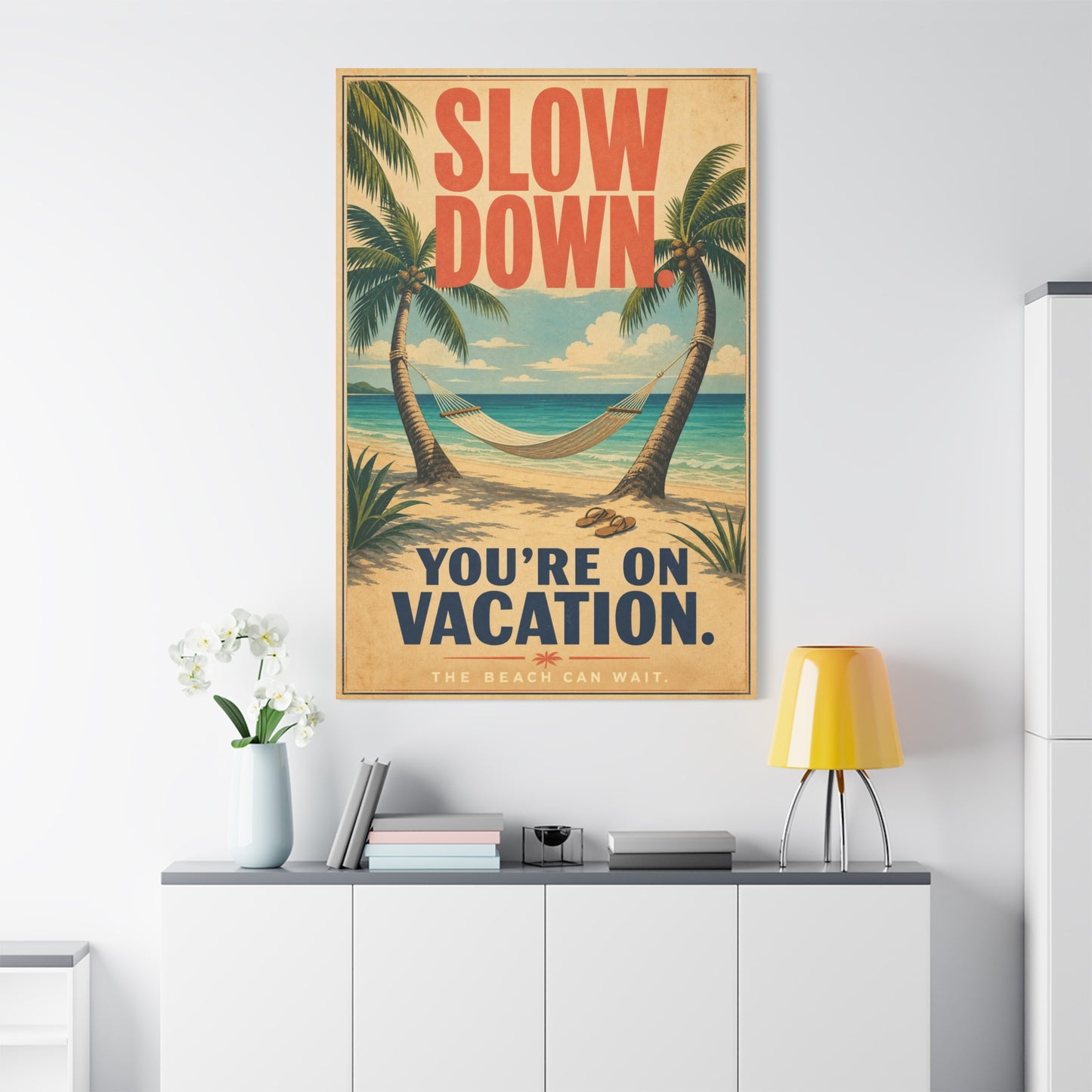 "Slow Down. You're On Vacation. The Beach Can Wait." Beach Canvas Wall Art - Tropical Palm Hammock Coastal Print - Vintage Typography Style - Bedroom Wall Decor, Vacation Rental Accent - Ready to Hang