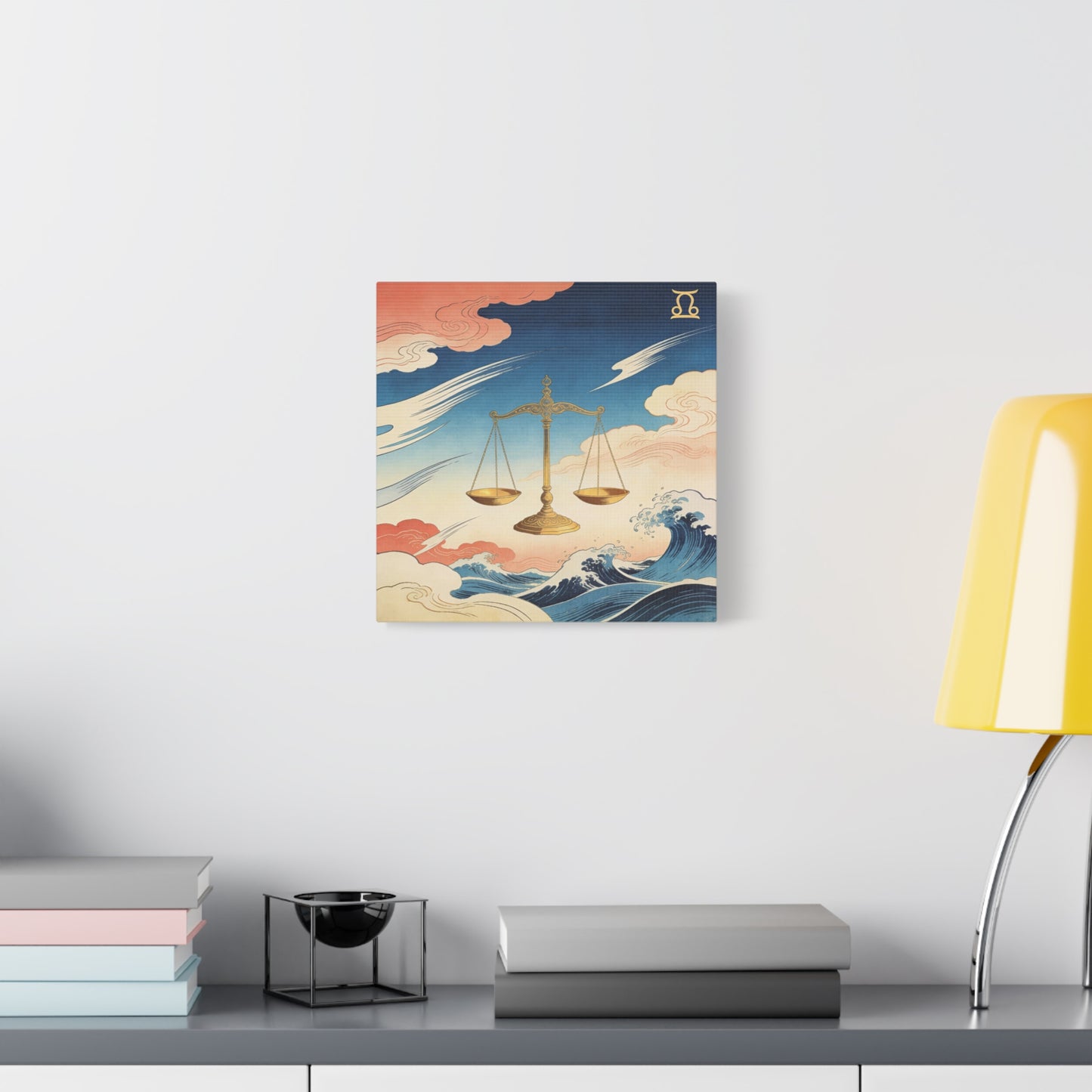 Libra Zodiac Canvas Wall Decor - Vintage Japanese Wave Scales Illustration - Celestial Astrology Print, Gold Balance Symbol, Traditional Style, Bedroom Home Decoration - Living Room Wall Decor