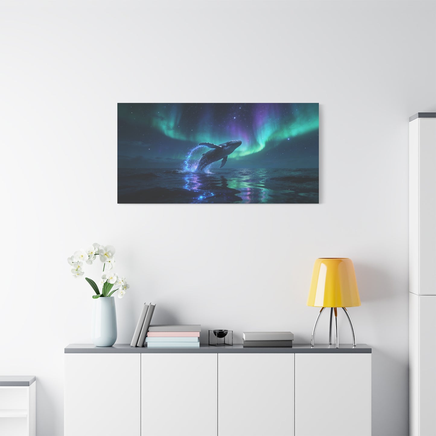 Humpback Whale Canvas Wall Art - Aurora Borealis Ocean Night Scene, Celestial Wildlife Canvas Print - Contemporary Fantasy Style - Living Room Wall Decor, Bedroom Home Accent - Bedroom Home Decoration