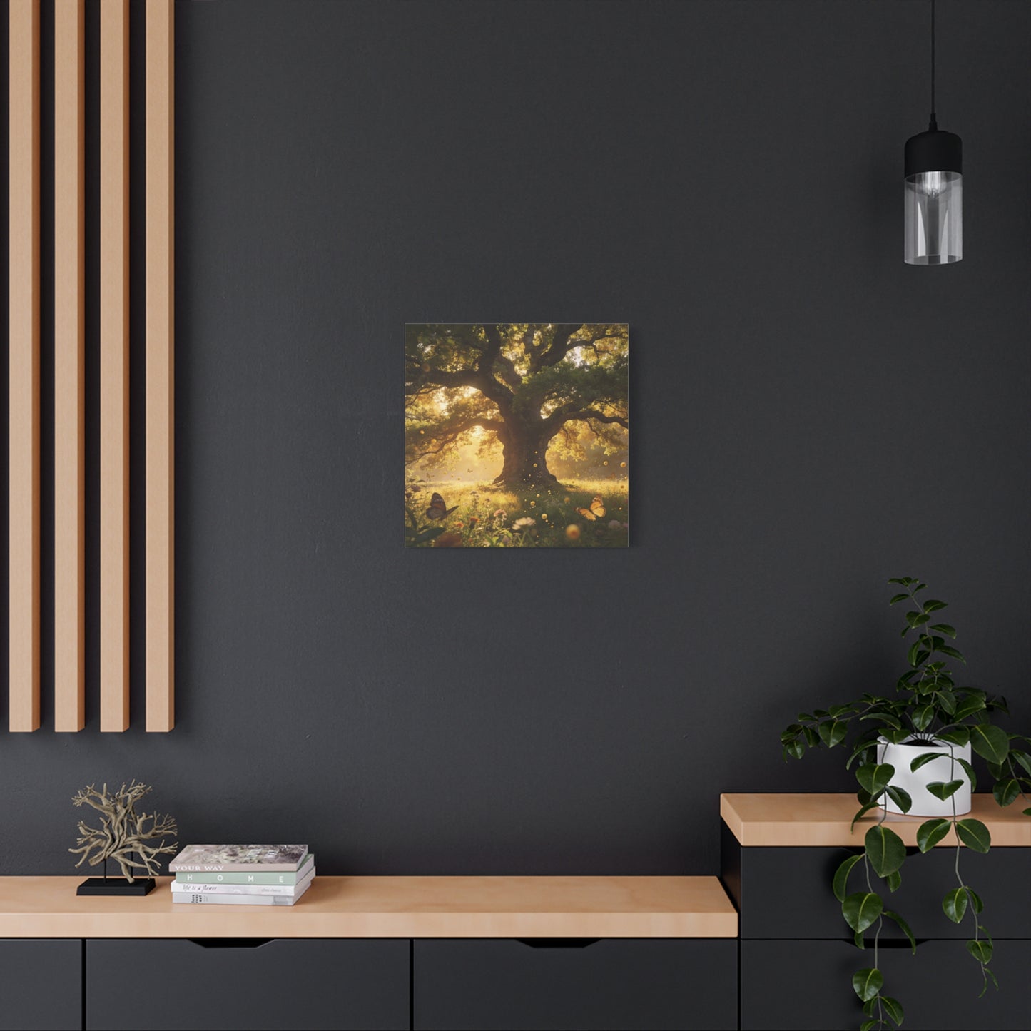 Sunlit Oak Tree Canvas Wall Art - Golden Meadow Butterflies, Nature Landscape Print - Matte Cotton Art Print, Traditional Style - Living Room Wall Decor, Bedroom Home Decoration - Ready to Hang
