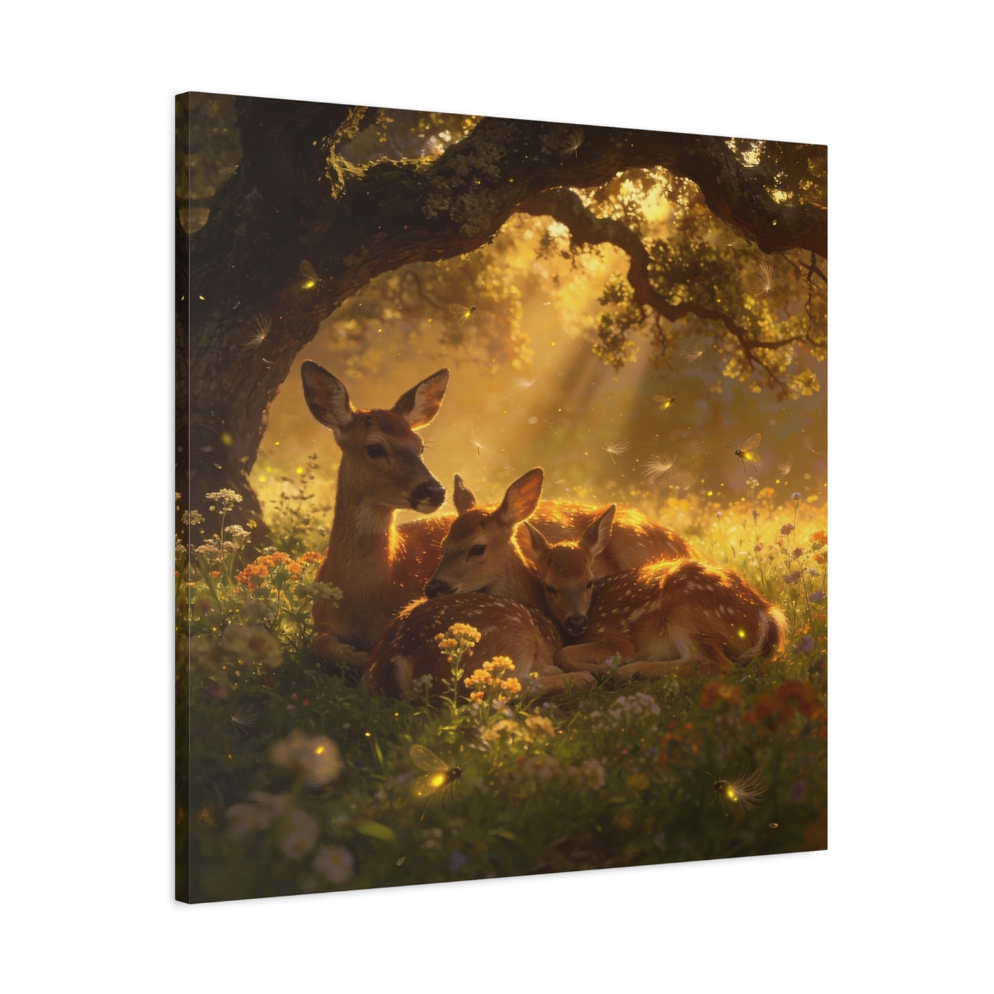 Doe And Fawns Canvas Wall Art - Woodland Deer Family In Golden Light, Whimsical Nature Scene - Matte Finish Cotton Print - Rustic Traditional Style - Bedroom Wall Decor - Bedroom Home Decoration