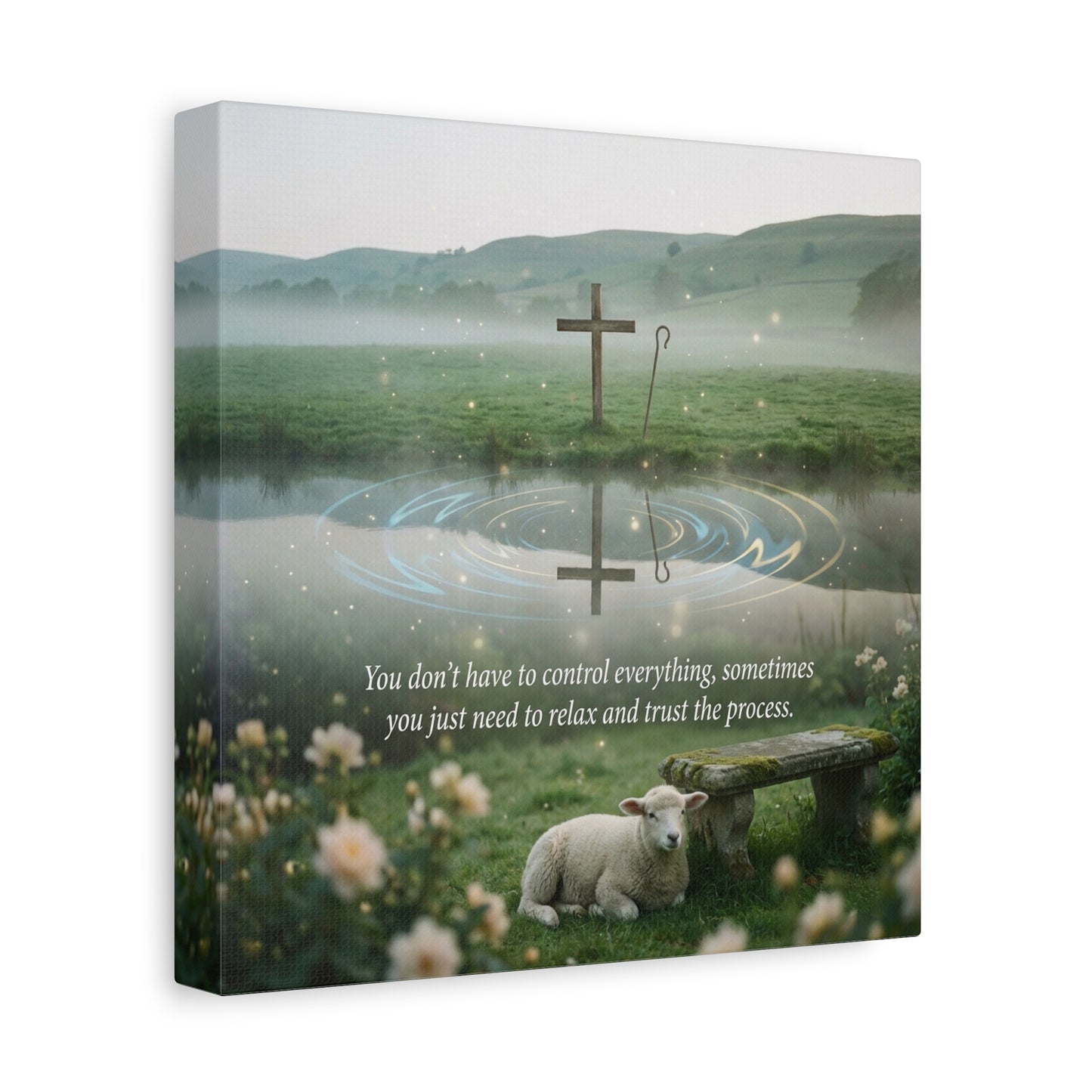 "You Don’t Have To Control Everything, Sometimes You Just Need To Relax And Trust The Process" Canvas Wall Art - Christian Cross, Lamb Meadow Scene - Inspirational Farmhouse Decor - Office Wall Art
